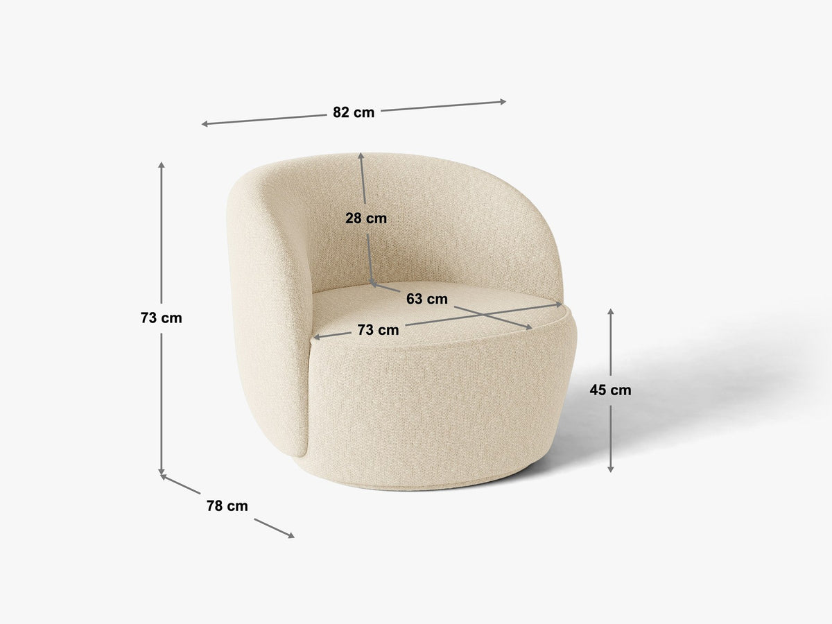 Drehbarer Sessel Jonas von Micadoni in leichtem Beige mit Veloursbezug, gepolsterten Kunststoff-Beinen und runder Sitzfläche.