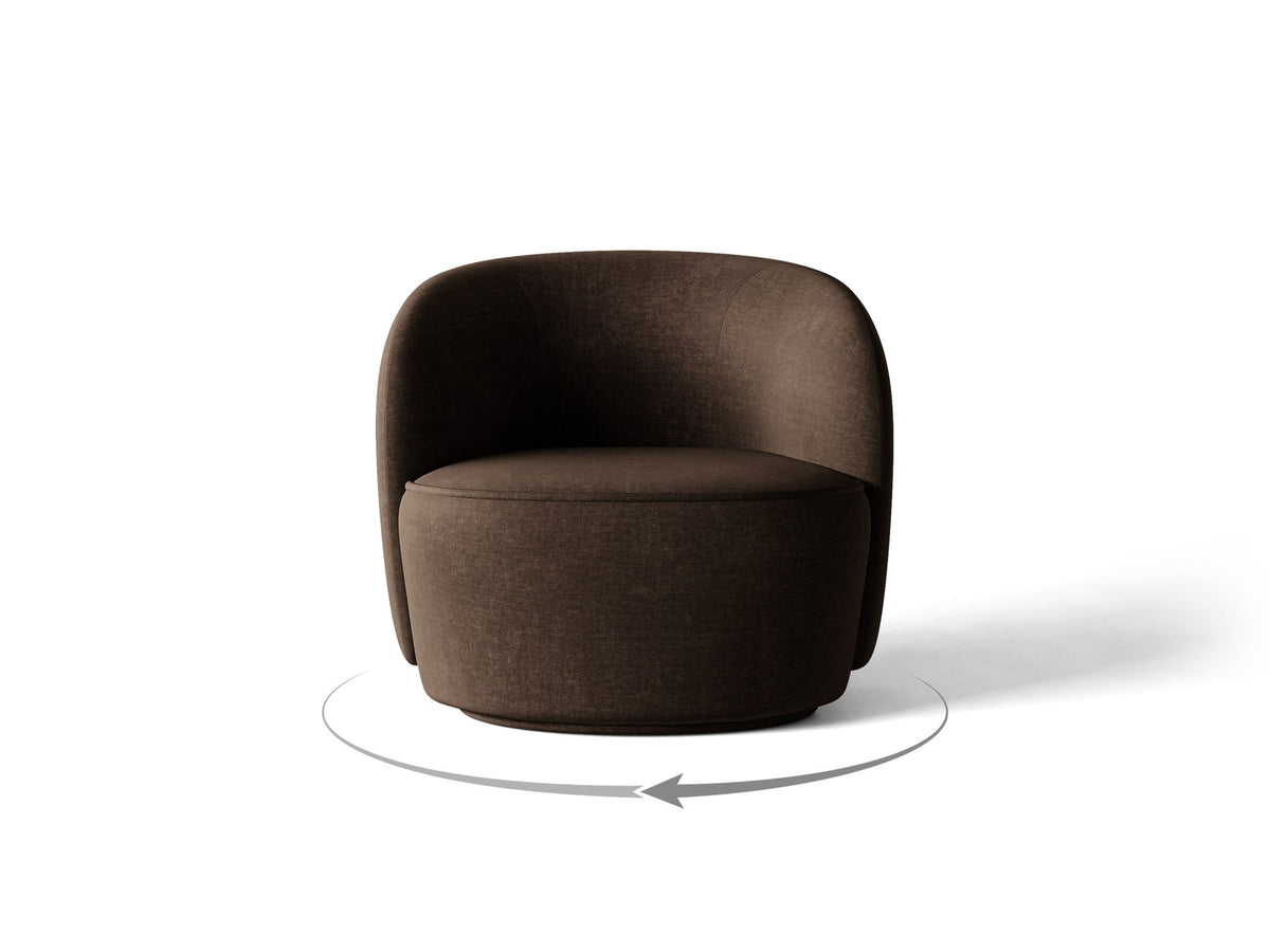 Drehbarer Sessel Jonas von Micadoni in leichtem Beige mit Veloursbezug, gepolsterten Kunststoff-Beinen und runder Sitzfläche.
