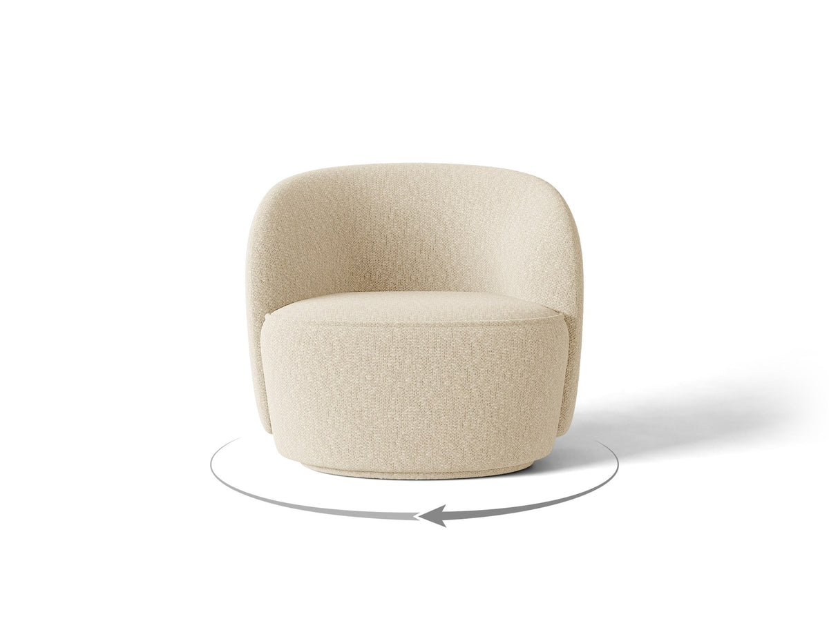 Drehbarer Sessel Jonas von Micadoni in leichtem Beige mit Veloursbezug, gepolsterten Kunststoff-Beinen und runder Sitzfläche.