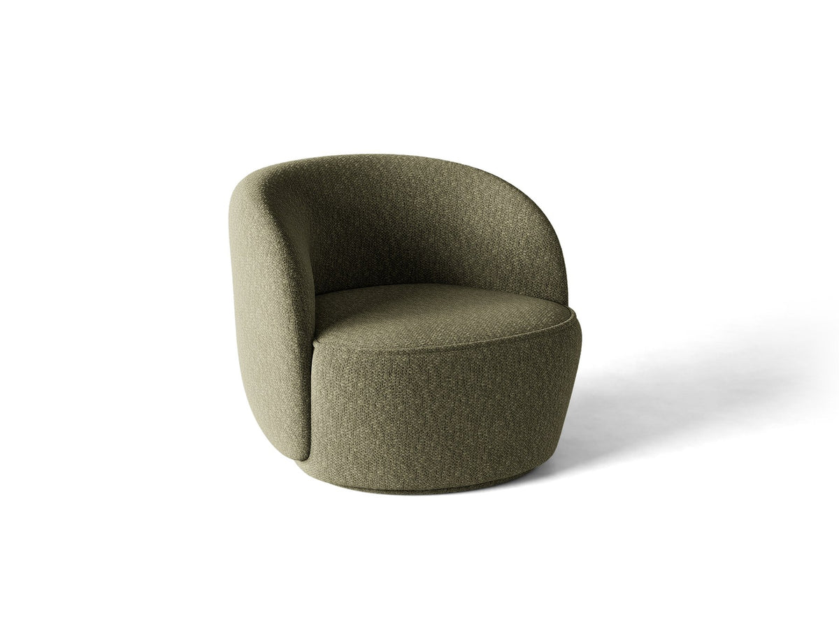 Drehbarer Sessel Jonas von Micadoni in leichtem Beige mit Veloursbezug, gepolsterten Kunststoff-Beinen und runder Sitzfläche.