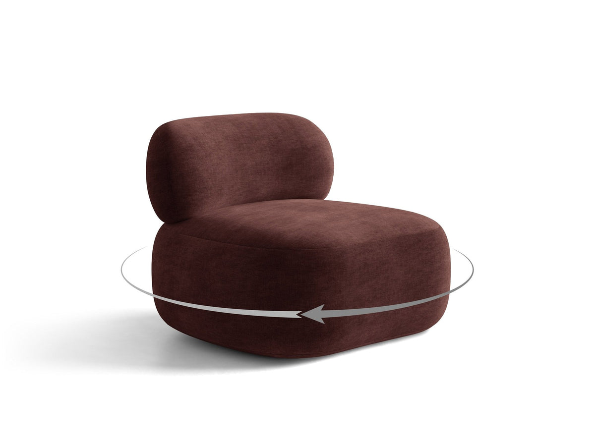 Drehbarer Sessel Aura von Micadoni mit gepolsterter Sitzfläche in Leichtes beige, Chenille-Stoff und schwarzem Stahlgestell auf Drehteller.