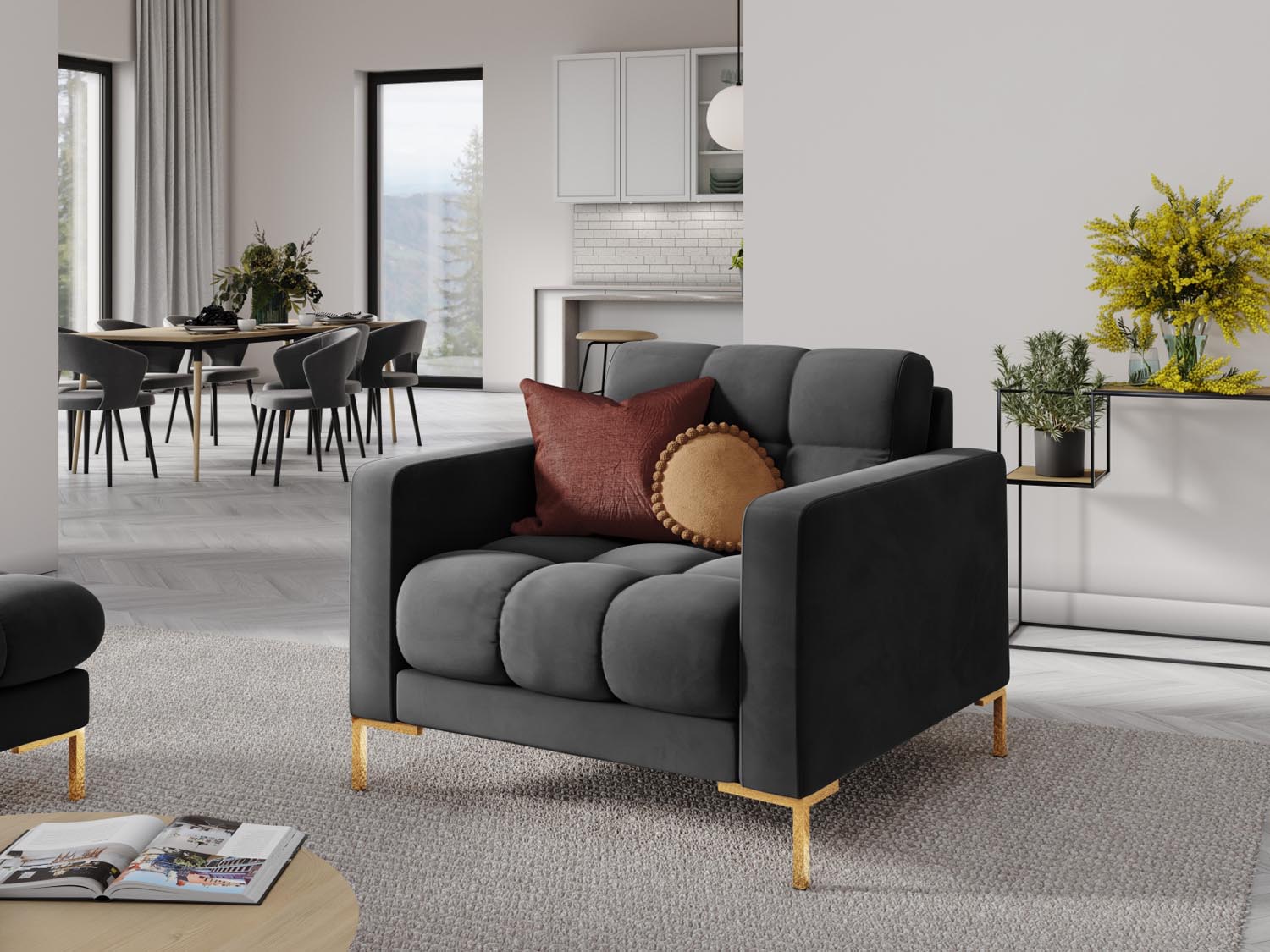 Mamaia Velour Sessel 1 Sitz in Dark Grey/Gold präsentiert im Onlineshop von KAQTU Design AG. Sessel ist von Micadoni