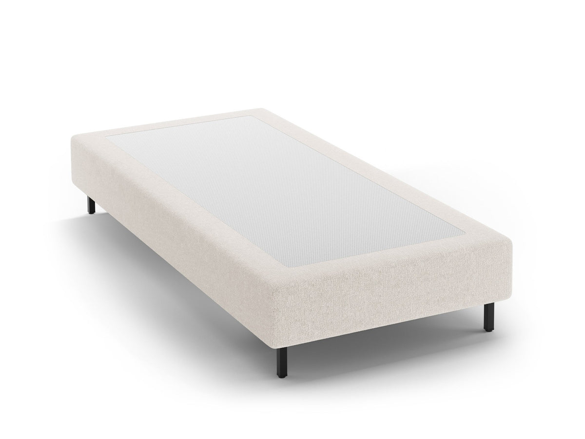 Whale Bettgestell von Micadoni in leichtem Beige mit Chenille-Bezug Eden, schwarzen Metallbeinen und schlichter, rechteckiger Form ohne Kopfteil.