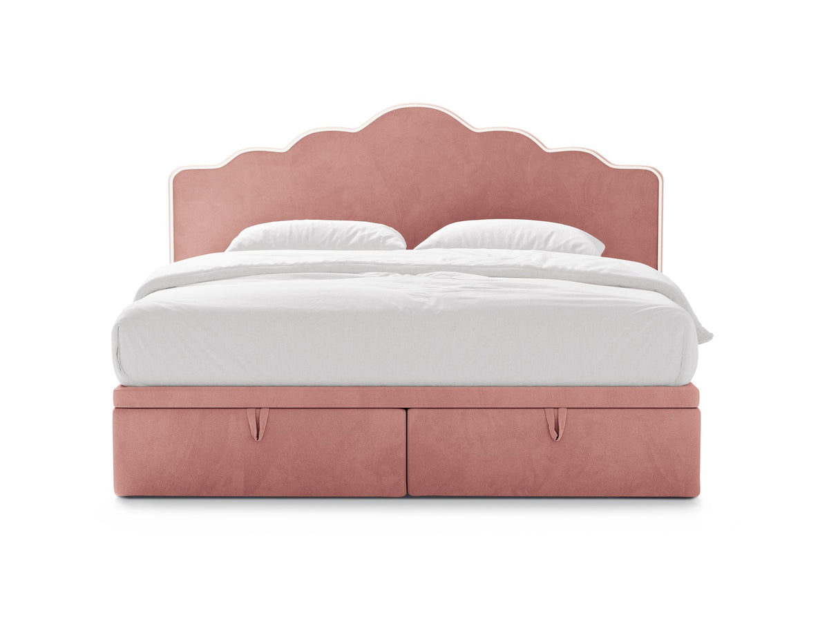 Foto vom Dream Ablagebett mit Kopfteil in Elfenbein: gepolstertes Bettgestell, hohes Kopfteil aus Samtstrick, Beine aus schwarzem Kunststoff.