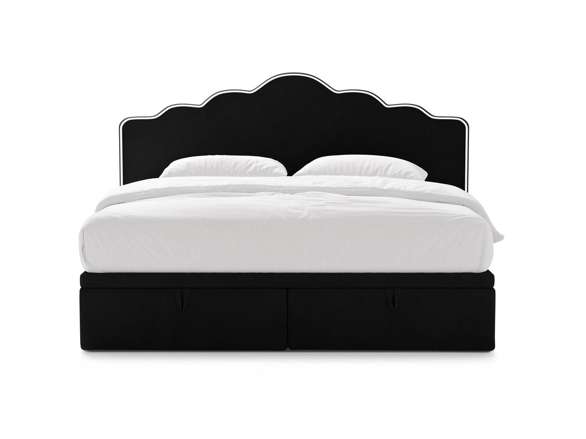 Foto vom Dream Ablagebett mit Kopfteil in Elfenbein: gepolstertes Bettgestell, hohes Kopfteil aus Samtstrick, Beine aus schwarzem Kunststoff.