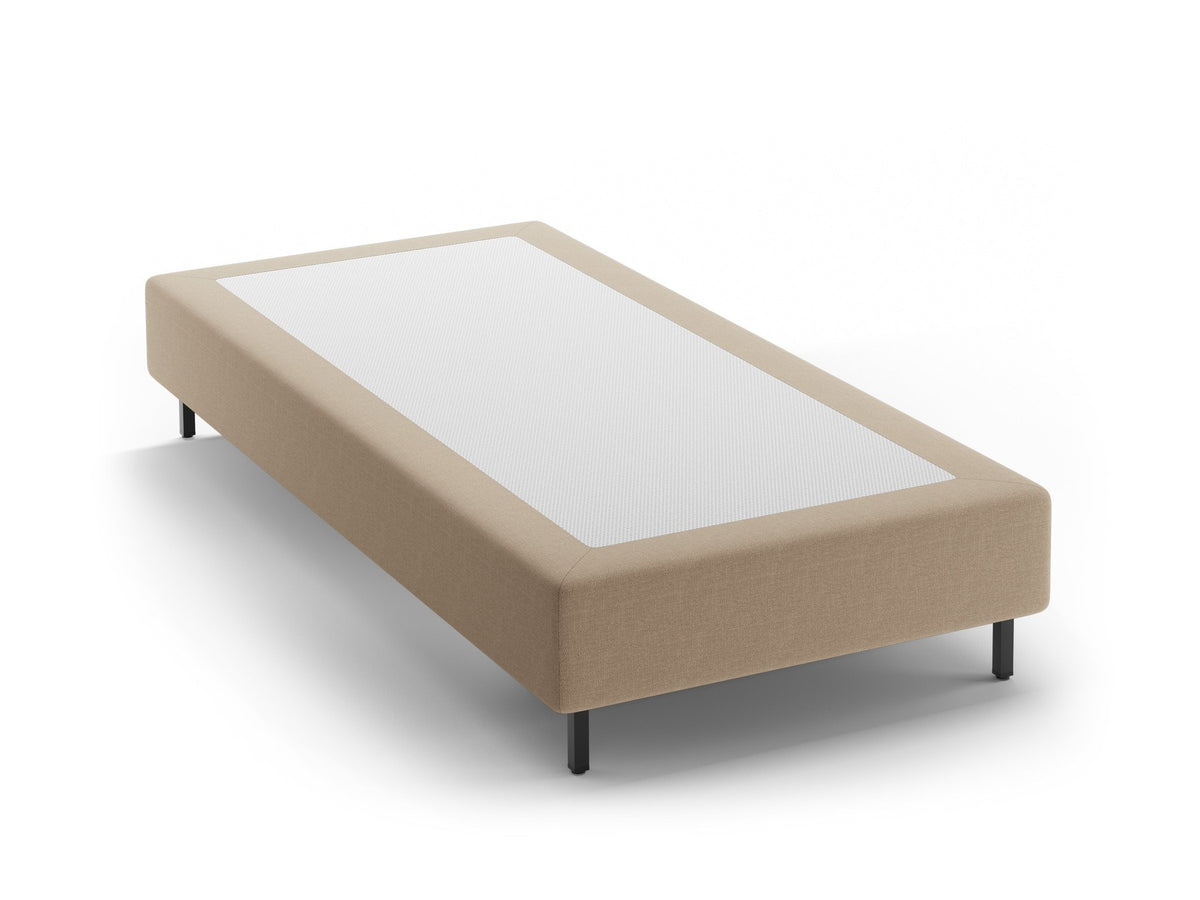 Bettgestell Whale von Micadoni ohne Kopfteil, Bezug aus Chenille-Stoff Eden in leichtem Beige, schwarze Metallbeine, minimalistische Form