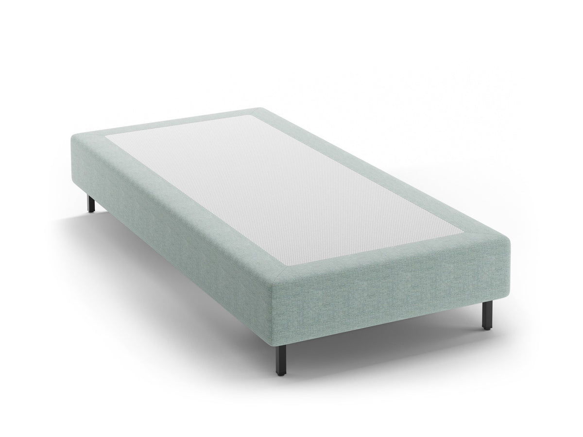 Bettgestell Whale von Micadoni ohne Kopfteil, Bezug aus Chenille-Stoff Eden in leichtem Beige, schwarze Metallbeine, minimalistische Form