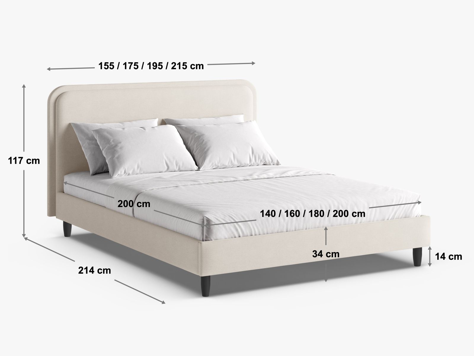 Modernes Aveline Bett mit 140 cm Kopfteil in zartem Light Grey-Baloo, perfekt für eine elegante und gemütliche Schlafumgebung.