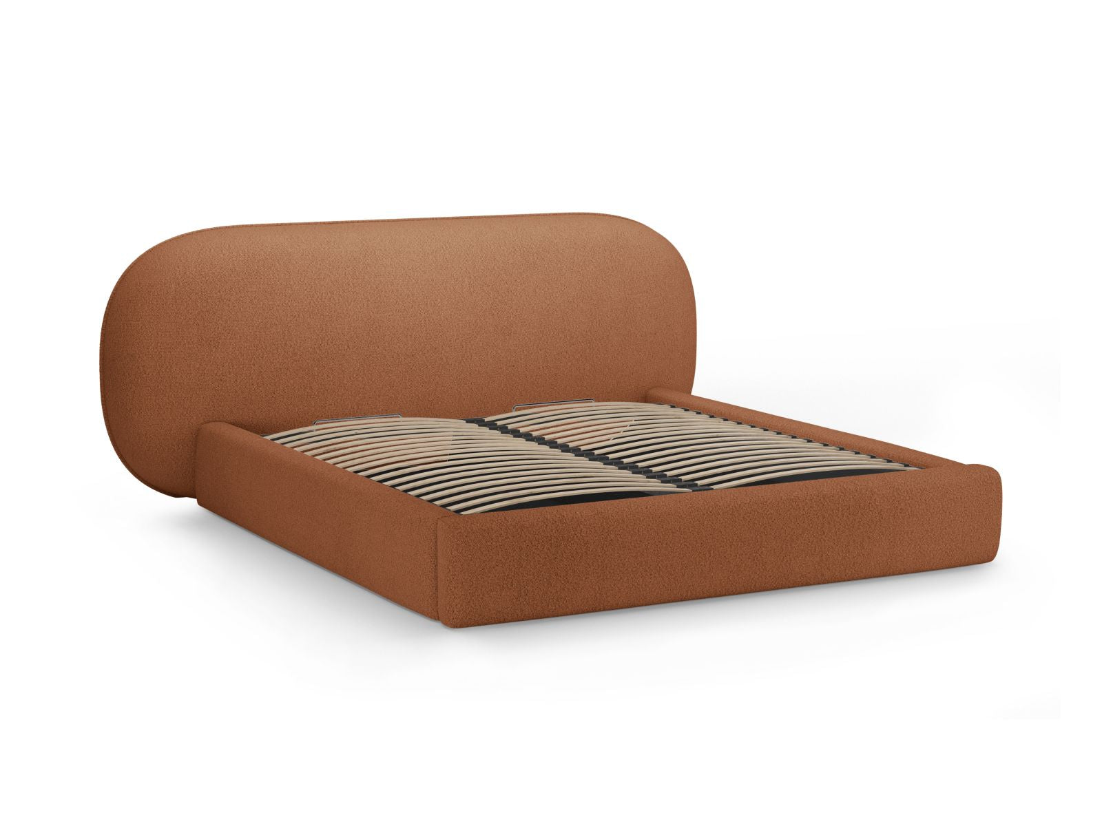 Modernes Ovalo Bett mit 140 cm hohem Kopfteil und integriertem Stauraum in Terracotta-Baloo, perfekt für funktionale und stilvolle Schlafräume.