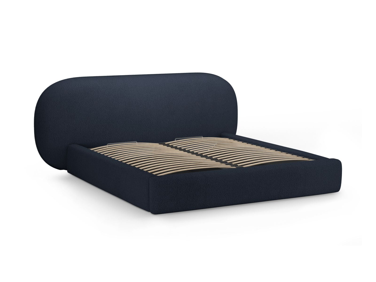 Modernes Ovalo Bett in Dunkelblau mit 140 cm Breite, praktischen Stauraum und geschmackvollem Kopfteil, perfekt für stilvolle Schlafzimmer.