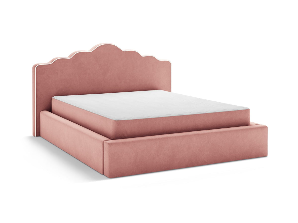 Samtbett Dream von Micadoni in Elfenbein mit hohem gepolstertem Kopfteil, Bettkasten und Beinen aus Polypropylen.