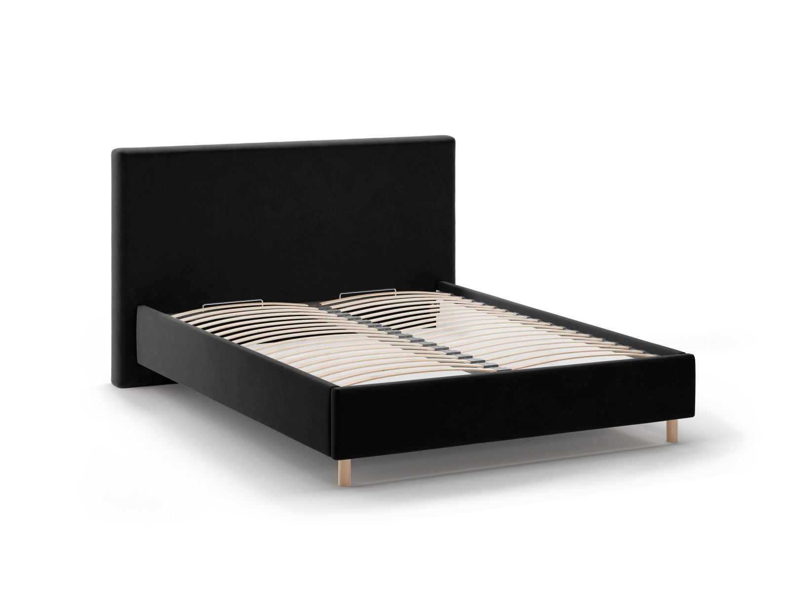 Elegantes Eloise Bett mit 140 cm Breite, Kopfteil und integriertem Stauraum, aus hochwertigem Black-Magic Velvet gefertigt.
