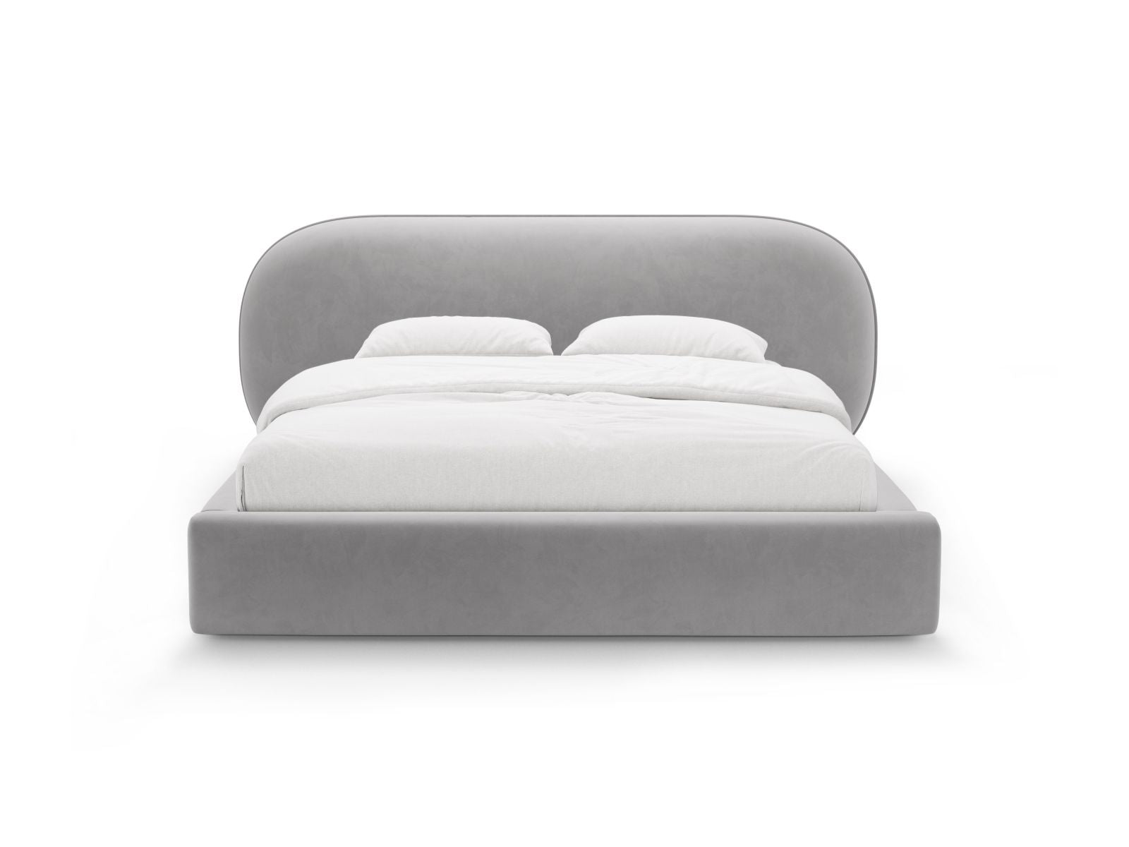 Elegantes Ovalo Bett in Light Grey-Magic Velvet mit praktischem Stauraum und stilvollem Kopfteil, ideal für jedes Schlafzimmer.