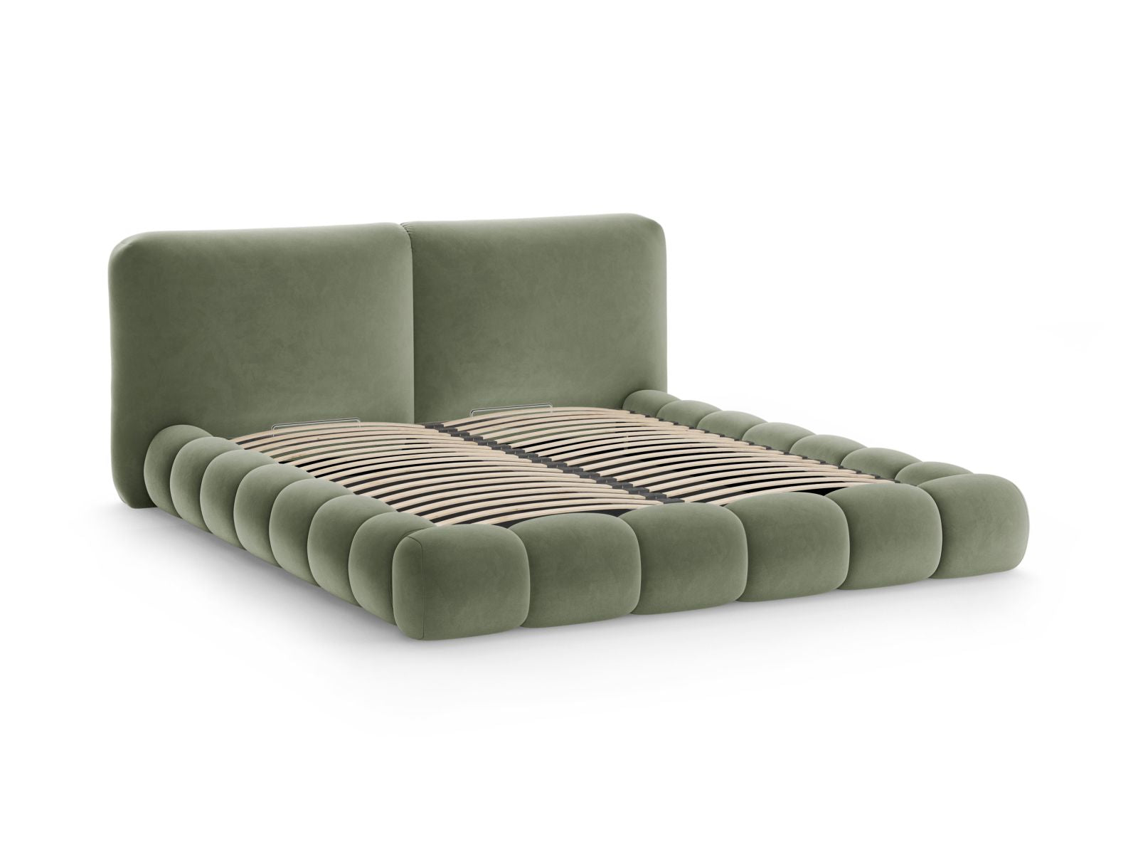 Elegantes Solange Bett in grünem Velvet mit 140 cm Kopfteil und praktischem Stauraum, ideal für stilvolle Schlafzimmerlösungen.