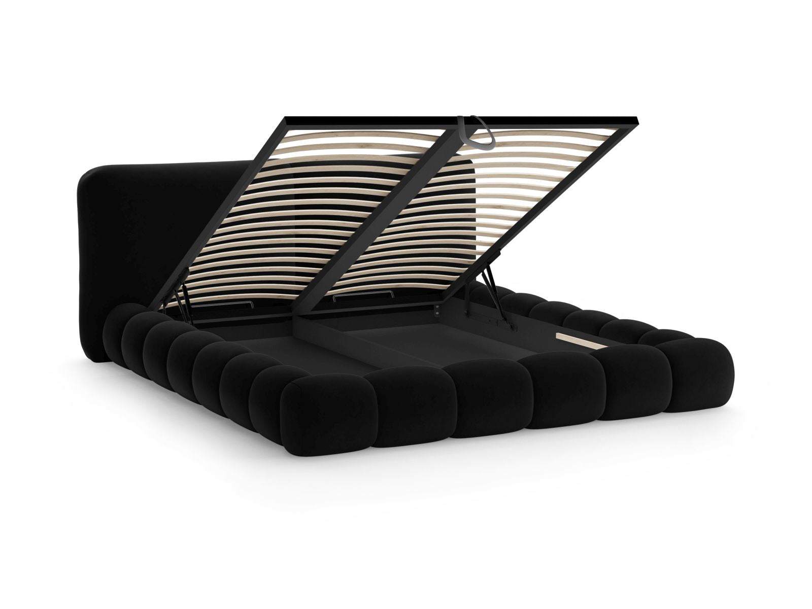 Stylisches Solange Bett mit 140 cm Kopfteil, ausgestattet mit praktischem Stauraum und edlem Black-Magic Velvet für zeitgemäße Wohnräume.