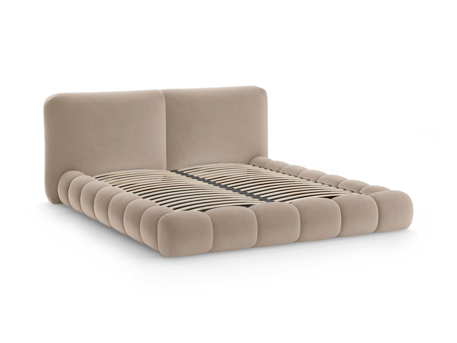 Elegantes Solange Bett mit 140 cm Kopfteil und praktischem Stauraum in stilvollem Almond Beige-Magic Velvet, ideal für moderne Schlafzimmer.
