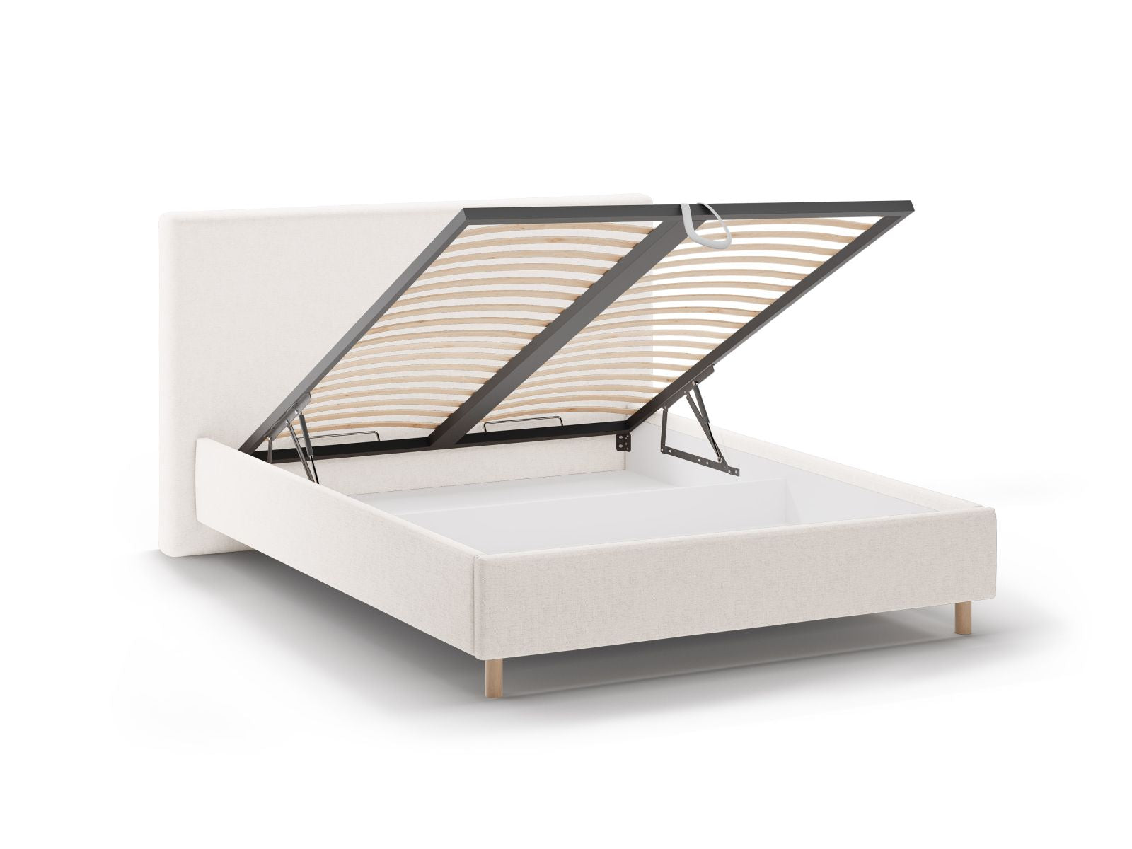 Stilvolles Eloise Bett in sanftem Beige, ausgestattet mit praktischem Stauraum und einem ansprechenden Kopfteil für ein einladendes Schlafzimmer.