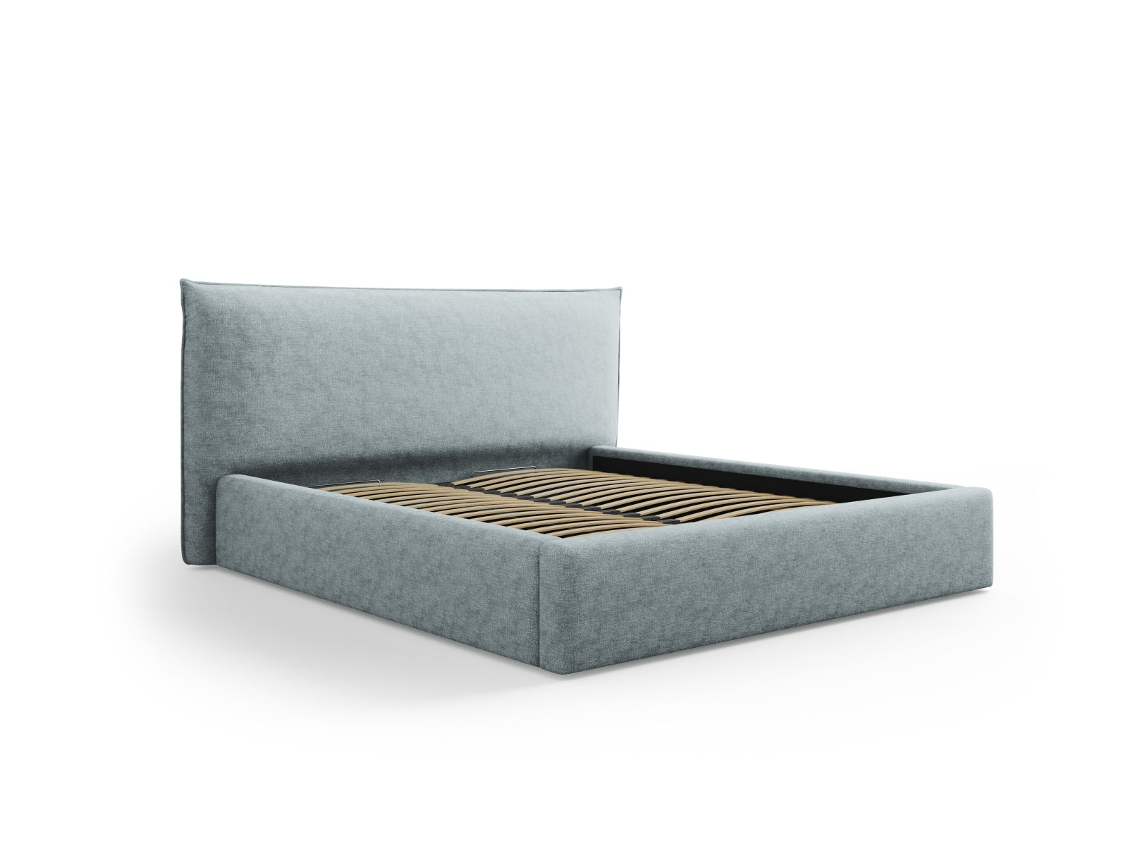 Elegantes Kaelle Bett in Hellblau mit praktischem Stauraum und stilvollem Headboard, ideal für moderne Schlafzimmer.