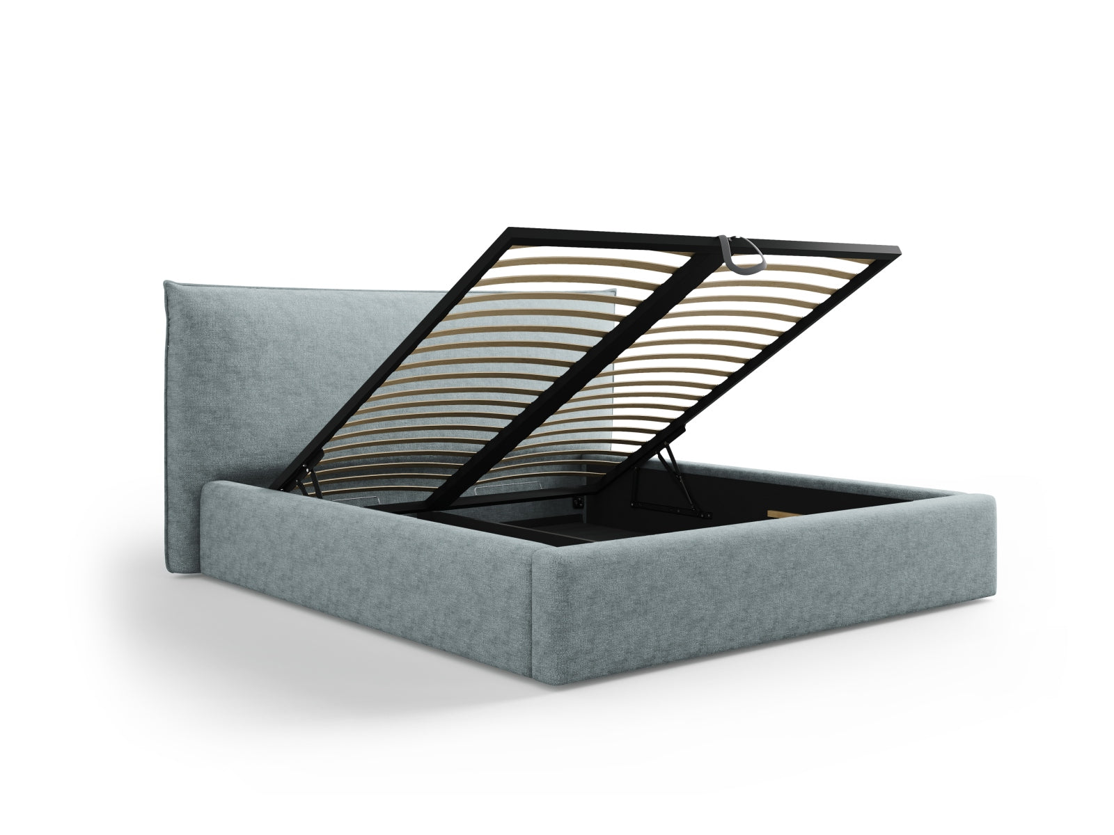 Elegantes Kaelle Bett in zartem Hellblau, ideal für moderne Schlafzimmer, bietet zusätzlichen Stauraum und ein stilvolles Kopfteil.