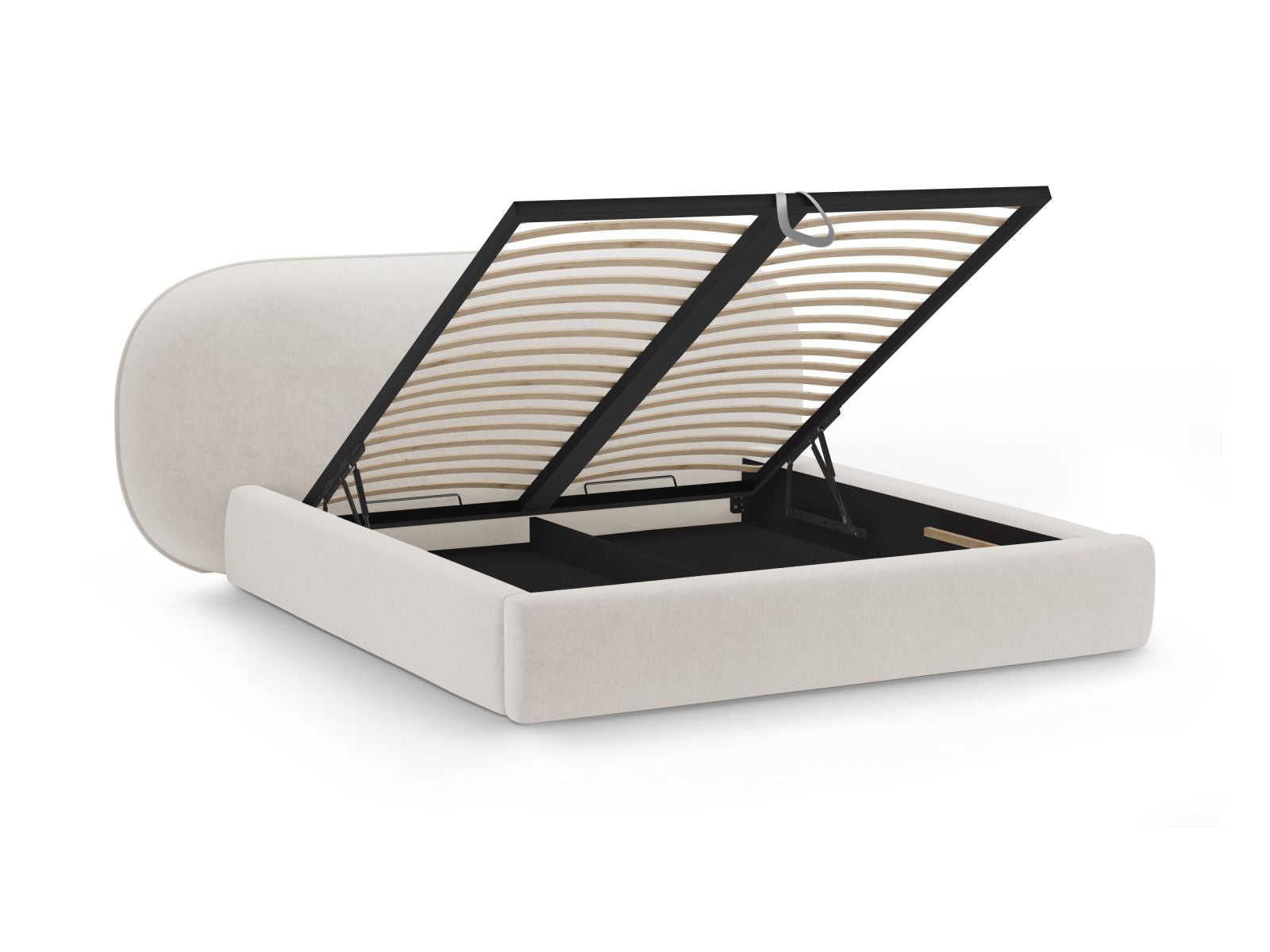 Elegantes Ovalo Bett in 140 cm Breite, ideal für stilvolle Schlafzimmer, bietet zusätzlichen Stauraum und ein ansprechendes Kopfteil in zartem Beige.