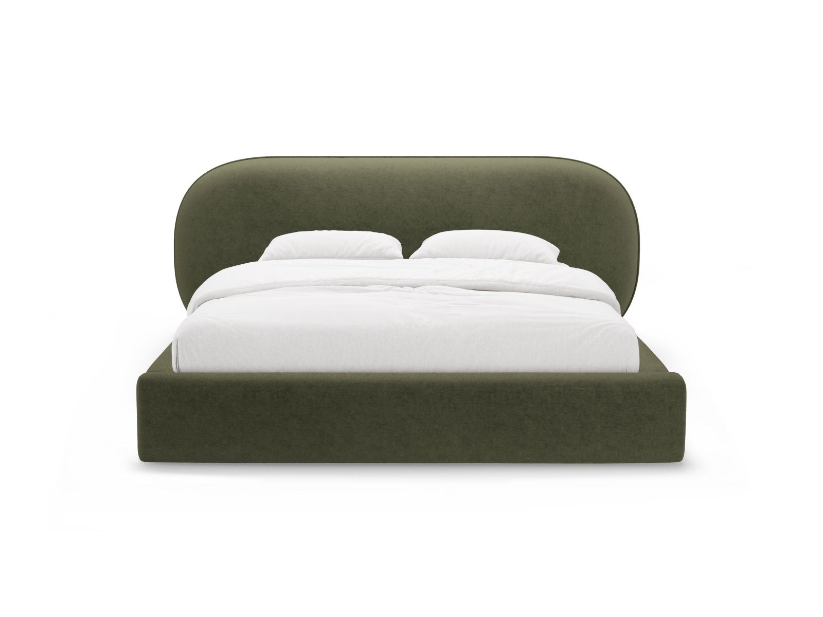 Elegantes Ovalo Bett mit 140 cm Breite, Stauraum und stilvollem Kopfteil in Grün, ideal für modernes Wohnen.