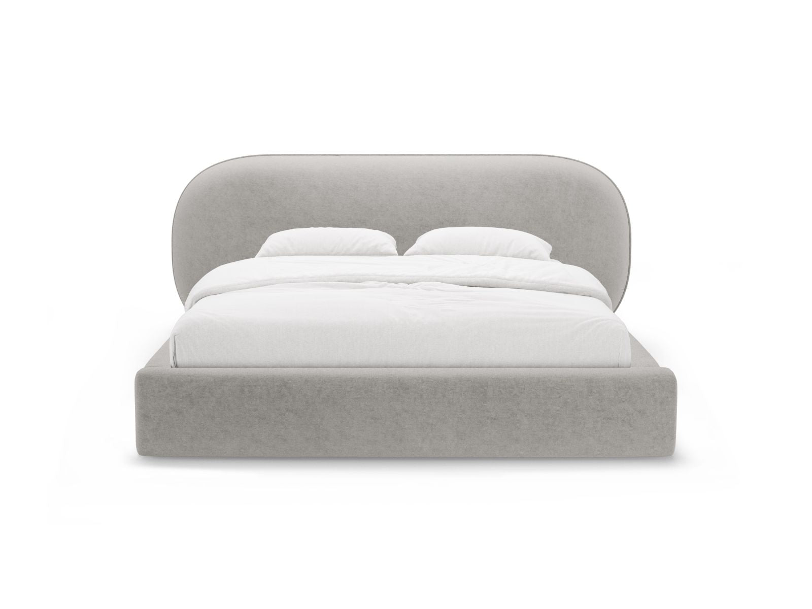Elegantes Ovalo Bett mit praktischem Stauraum und stilvollem Kopfteil in Hellgrau, ideal für moderne Schlafzimmer. Von Micadoni.