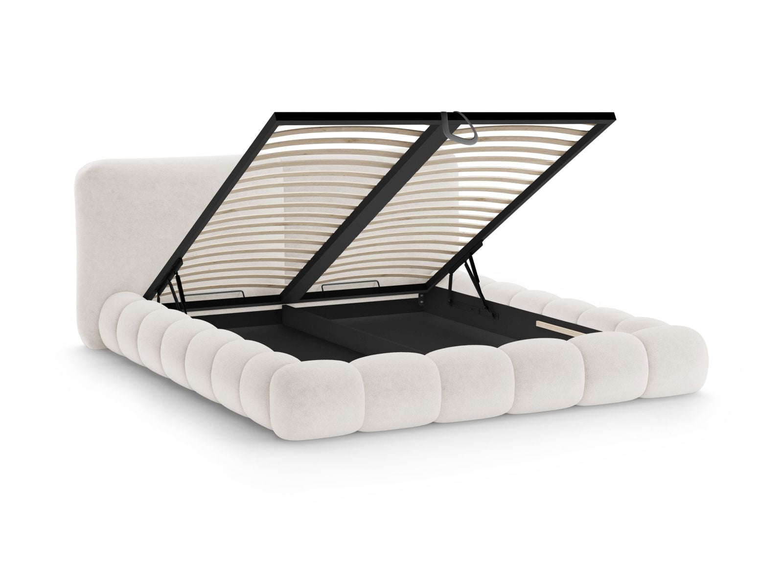 Stylisches Solange Bett mit 140 cm Kopfteil und integriertem Stauraum in zartem Beige, perfekt für eine moderne Schlafzimmergestaltung.