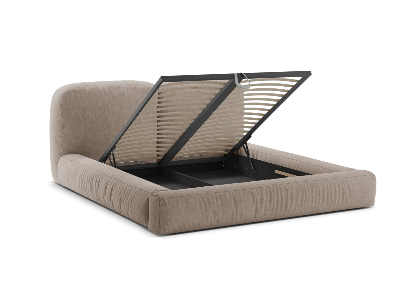 Stylisches Martina Bett in Dunkelbeige, 140 cm, ausgestattet mit praktischem Stauraum und einem ansprechenden Kopfteil für zeitgemäße Schlafzimmer.
