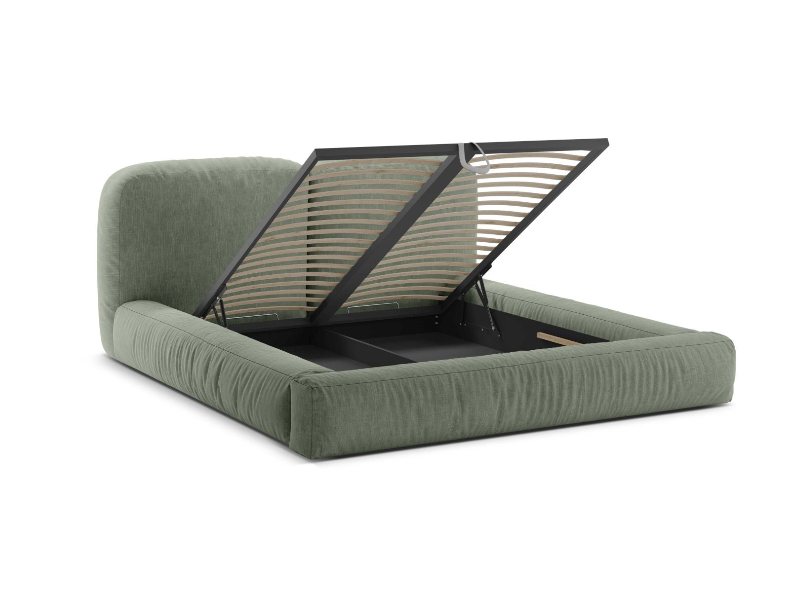 Stylisches Martina Bett in sanftem Moss Green, 140 cm, mit praktischem Stauraum und elegantem Kopfteil für ein modernes Ambiente.