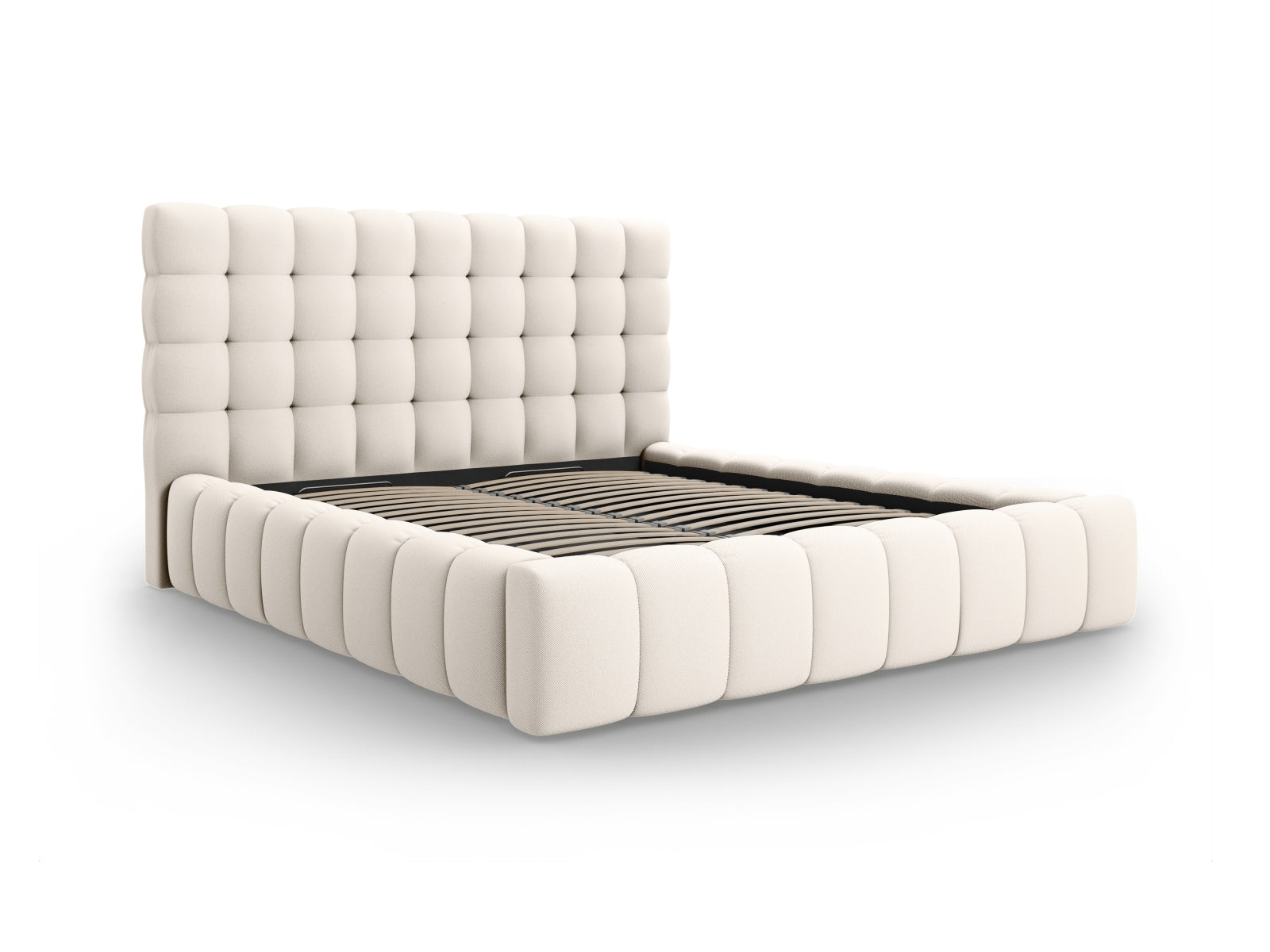 Stylisches Mamaia Bett mit 140 cm Breite, ausgestattet mit praktischem Stauraum und einem eleganten Kopfteil in sanften Farben.