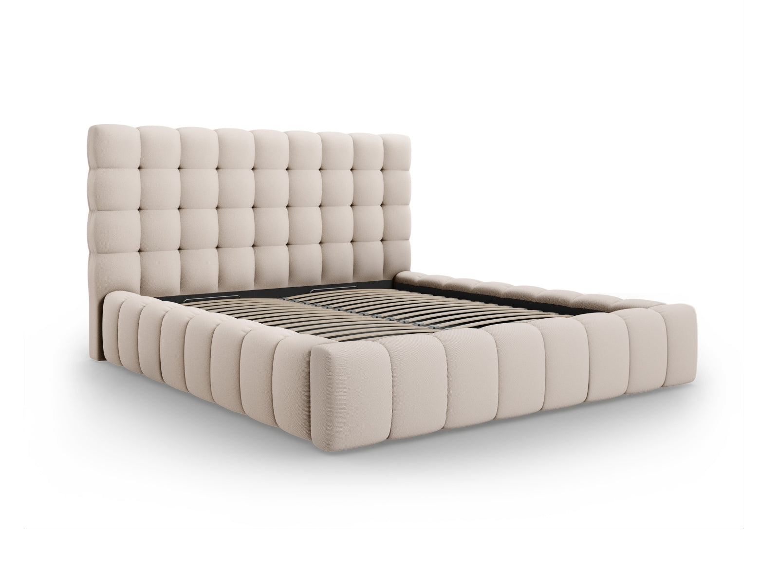 Stylisches Mamaia Bett mit integriertem Stauraum und ansprechendem Kopfteil in Beige und Schwarz, perfekt für zeitgemäße Schlafräume.