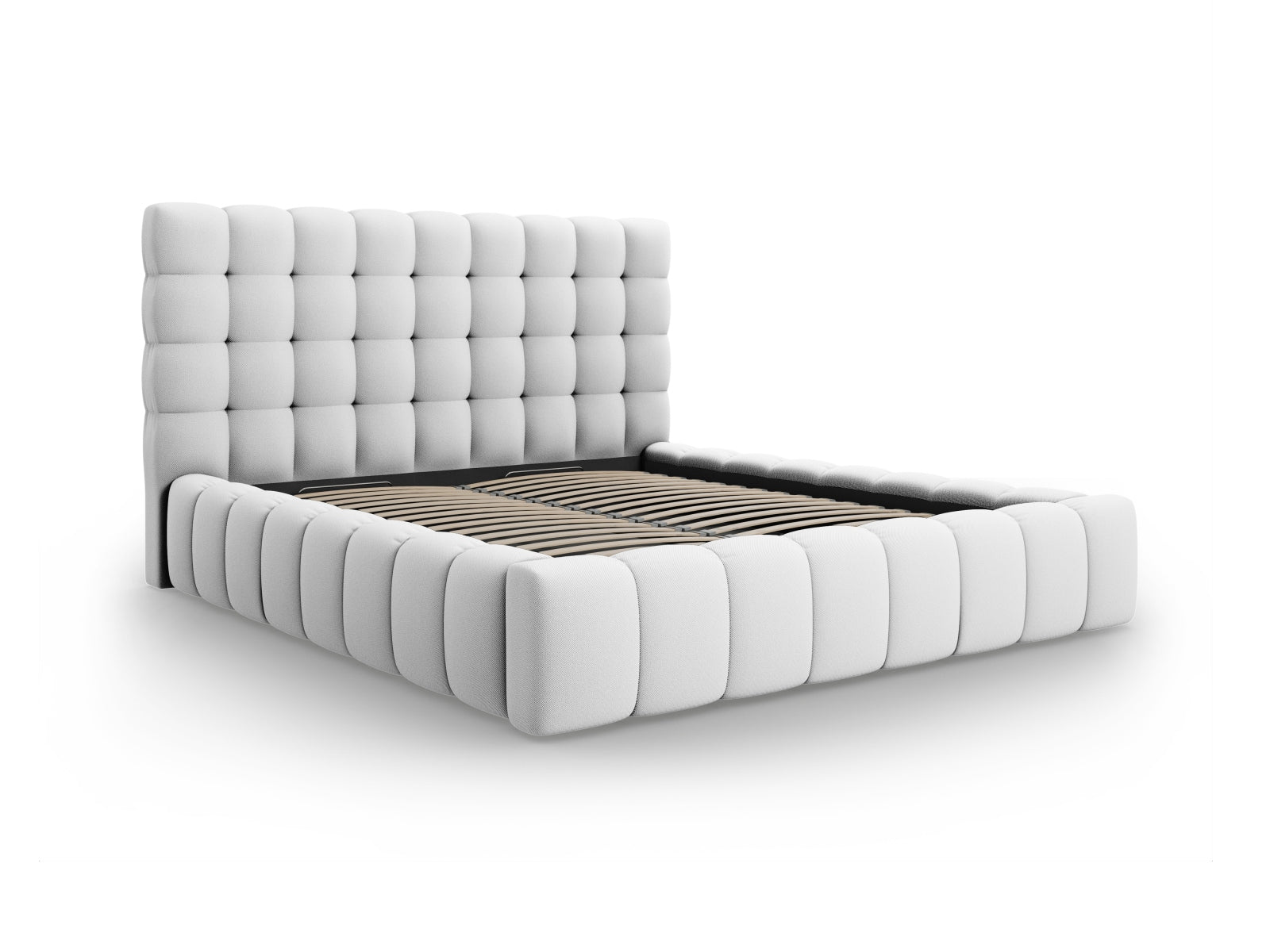Stylisches Mamaia Bett mit 140 cm Breite, ausgestattet mit praktischem Stauraum und einem eleganten Kopfteil in Light Grey/Schwarz-Neve.