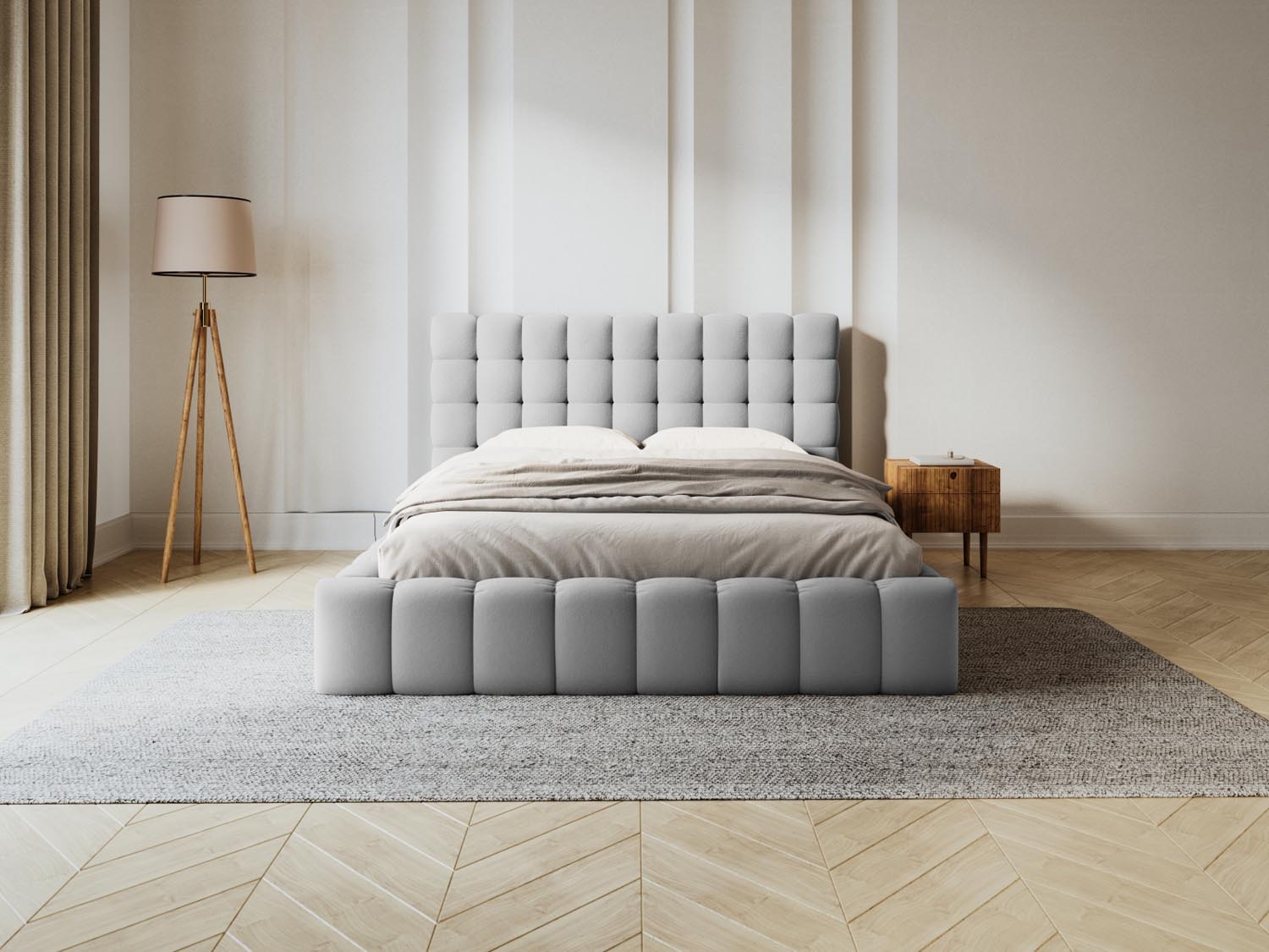 Elegantes Mamaia Bett mit praktischem Stauraum und stilvollem Headboard in Light Grey/Schwarz-Neve, ideal für moderne Schlafzimmer.