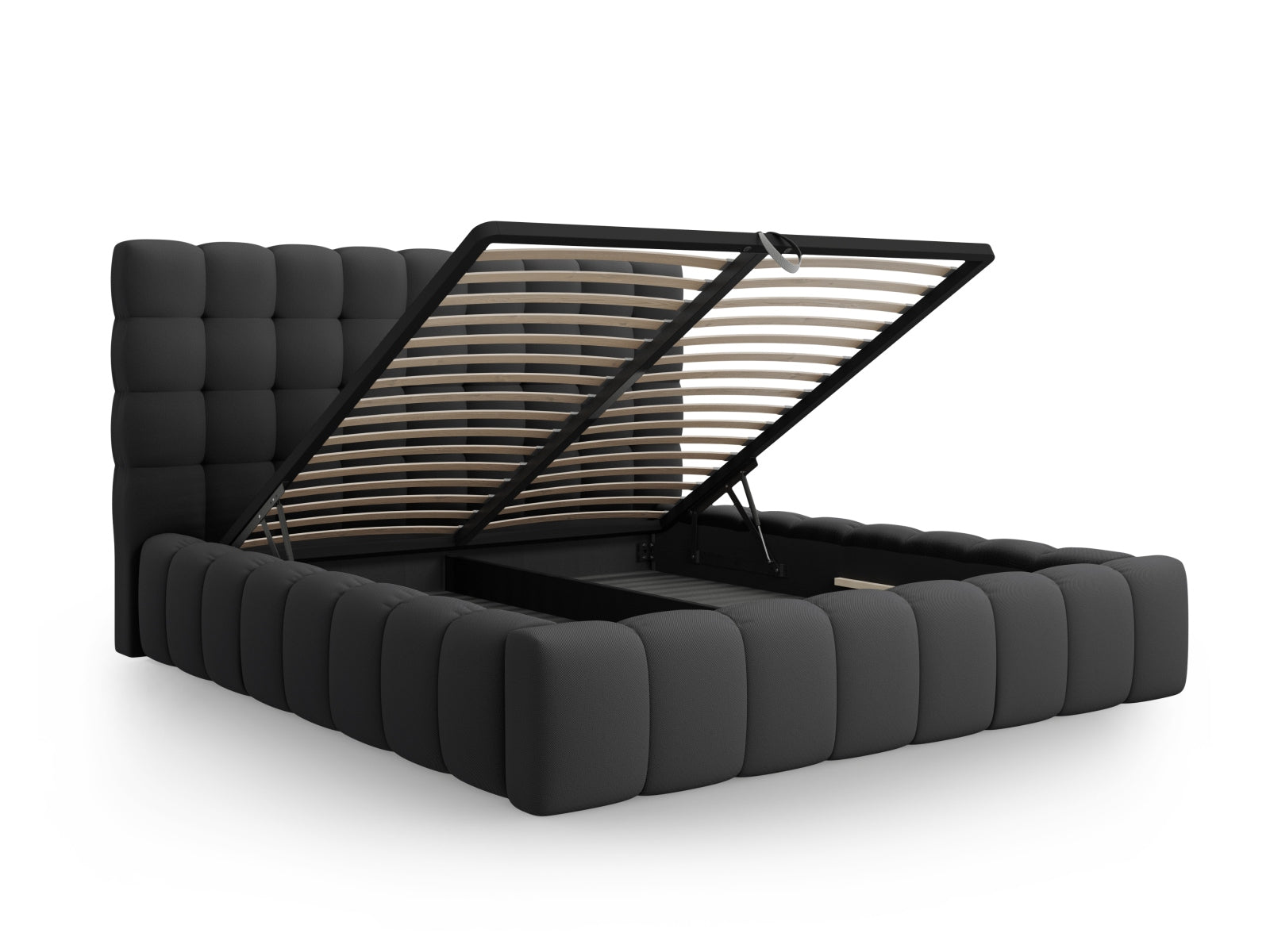 Stylisches Mamaia Bett in Dunkelgrau mit integriertem Stauraum und ansprechendem Kopfteil, perfekt für moderne Schlafzimmerlösungen.