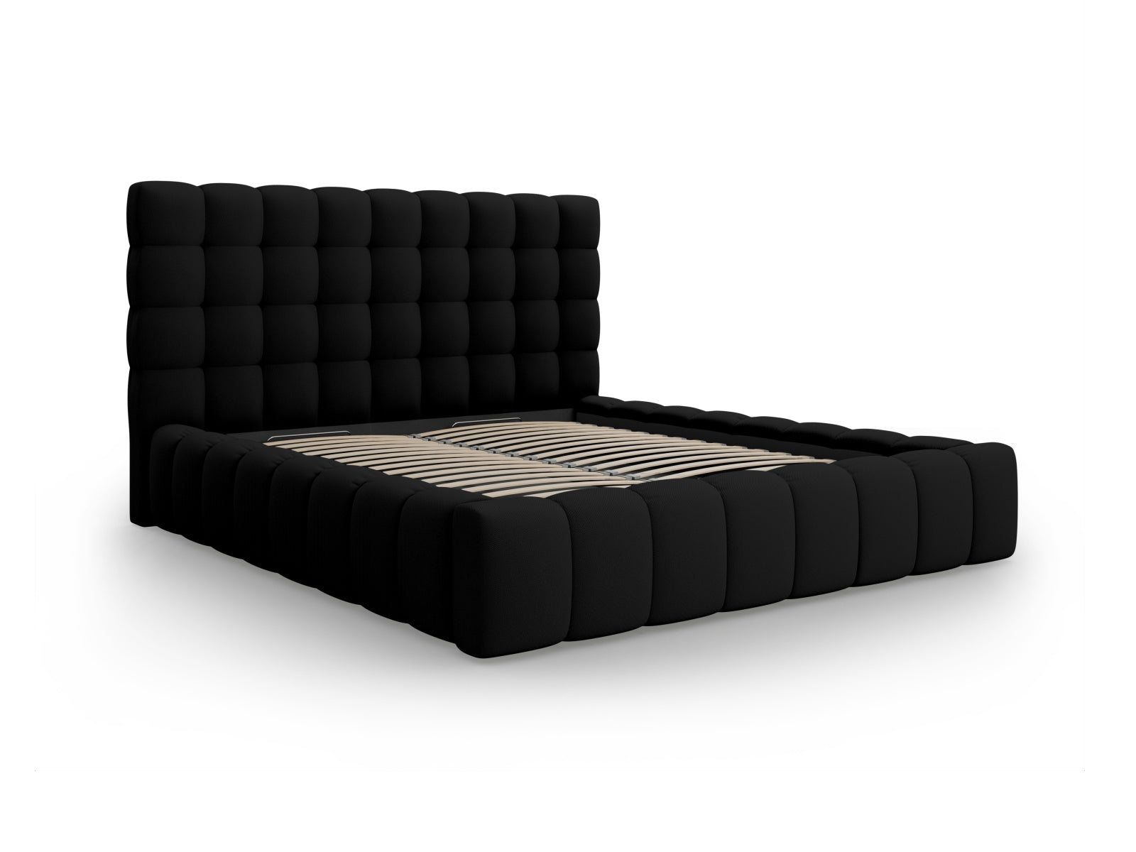 Stylisches Mamaia Bett mit 140 cm Breite, ausgestattet mit praktischem Stauraum und einem ansprechenden Kopfteil in elegantem Schwarz.