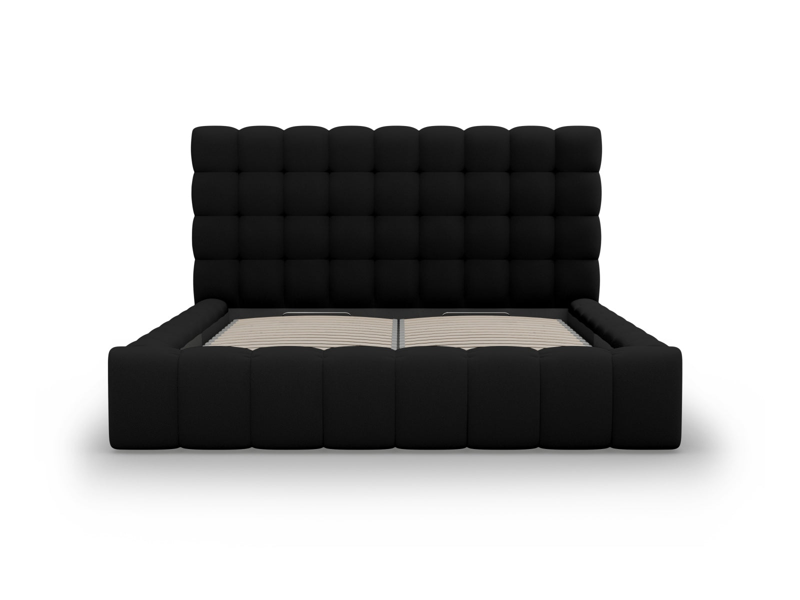 Elegantes Mamaia Bett in Schwarz, 140 cm breit, bietet zusätzlichen Stauraum und ein modernes Kopfteil für stilvolle Schlafzimmergestaltung.