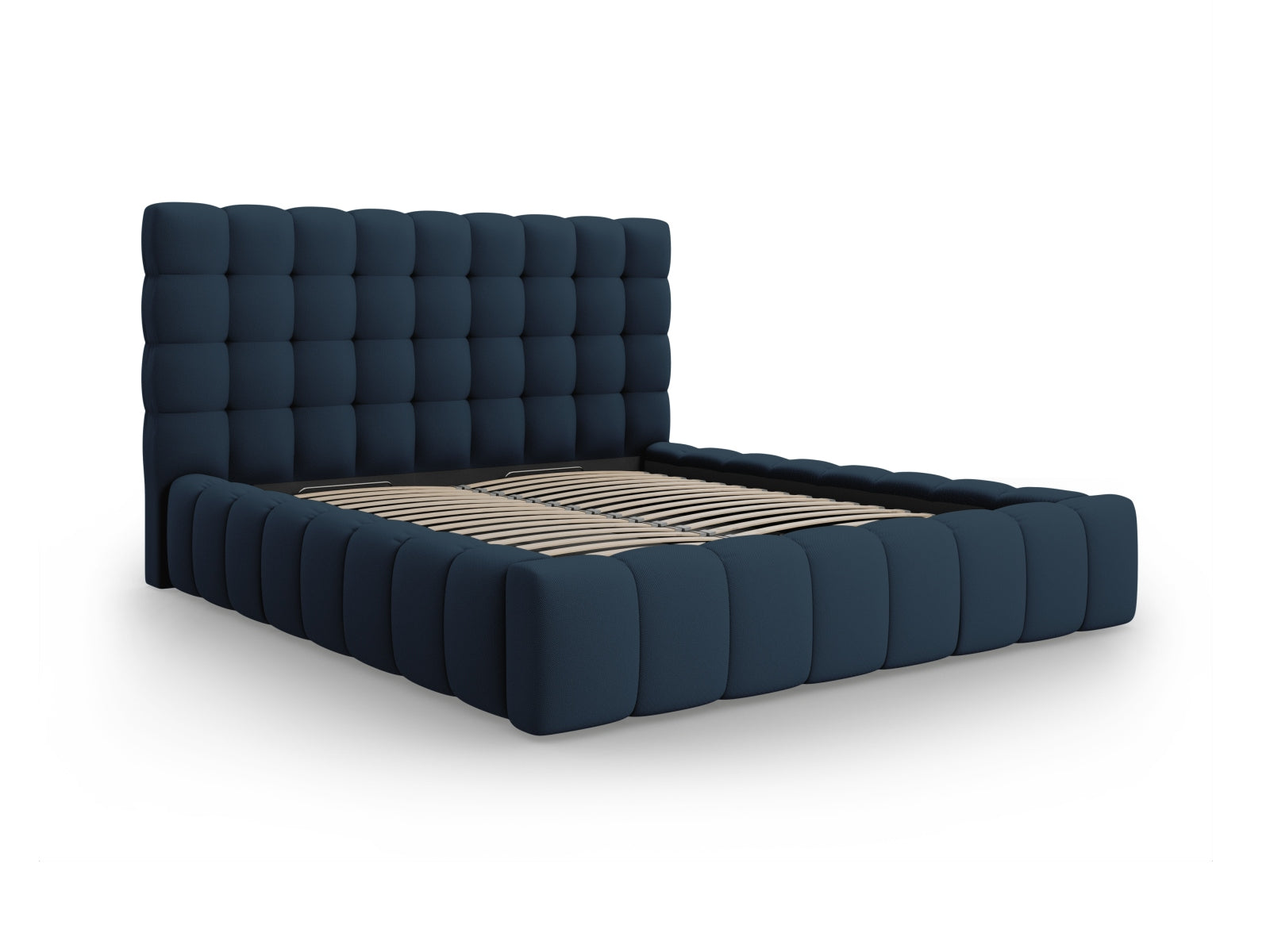 Stylisches Mamaia Bett mit 140 cm Breite, ausgestattet mit praktischem Stauraum und einem eleganten Kopfteil in Blau und Schwarz.