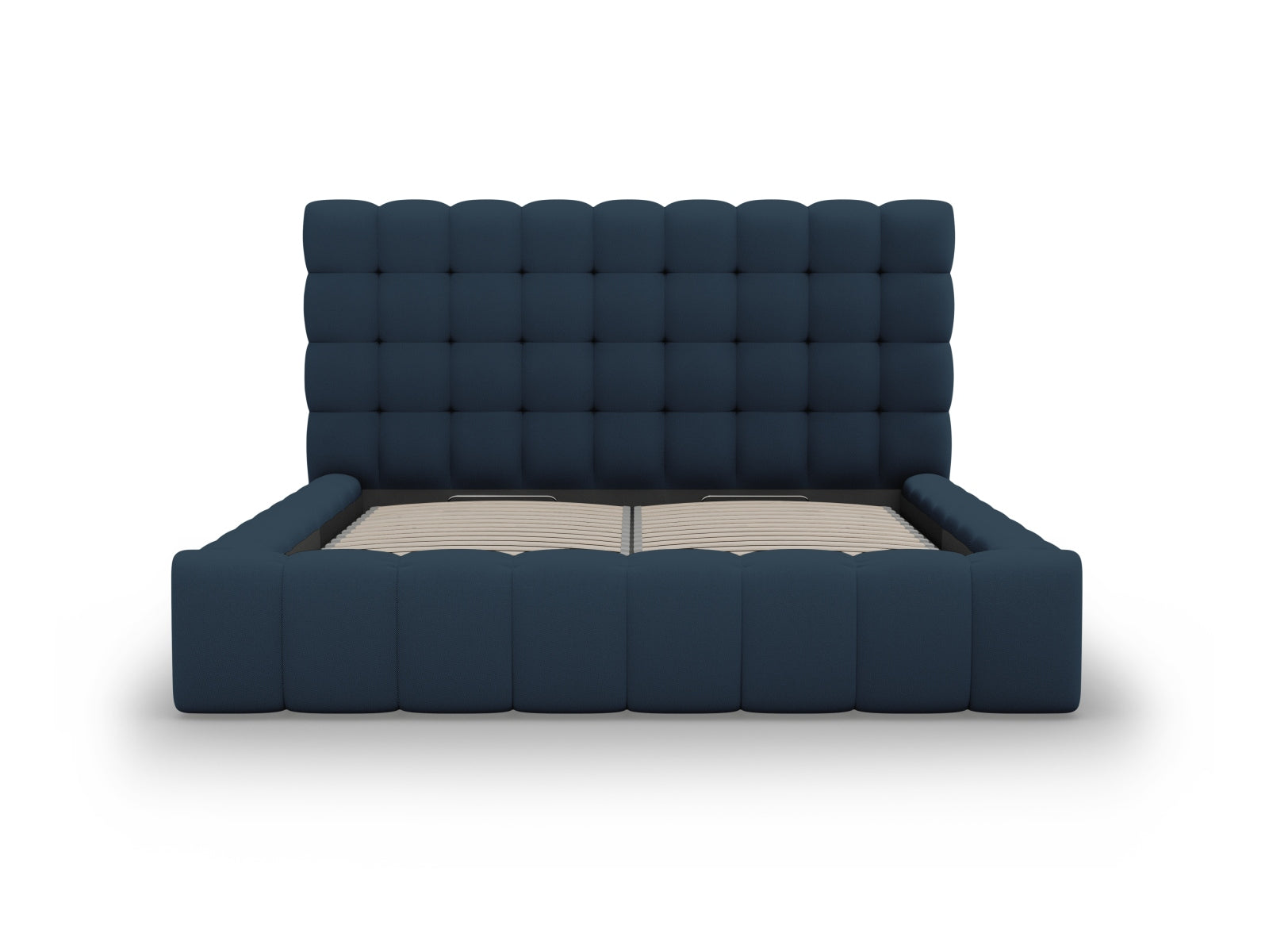 Modernes Mamaia Bett in 140 cm Breite, bietet cleveren Stauraum und ein stilvolles Kopfteil in ansprechendem Blau und Schwarz.