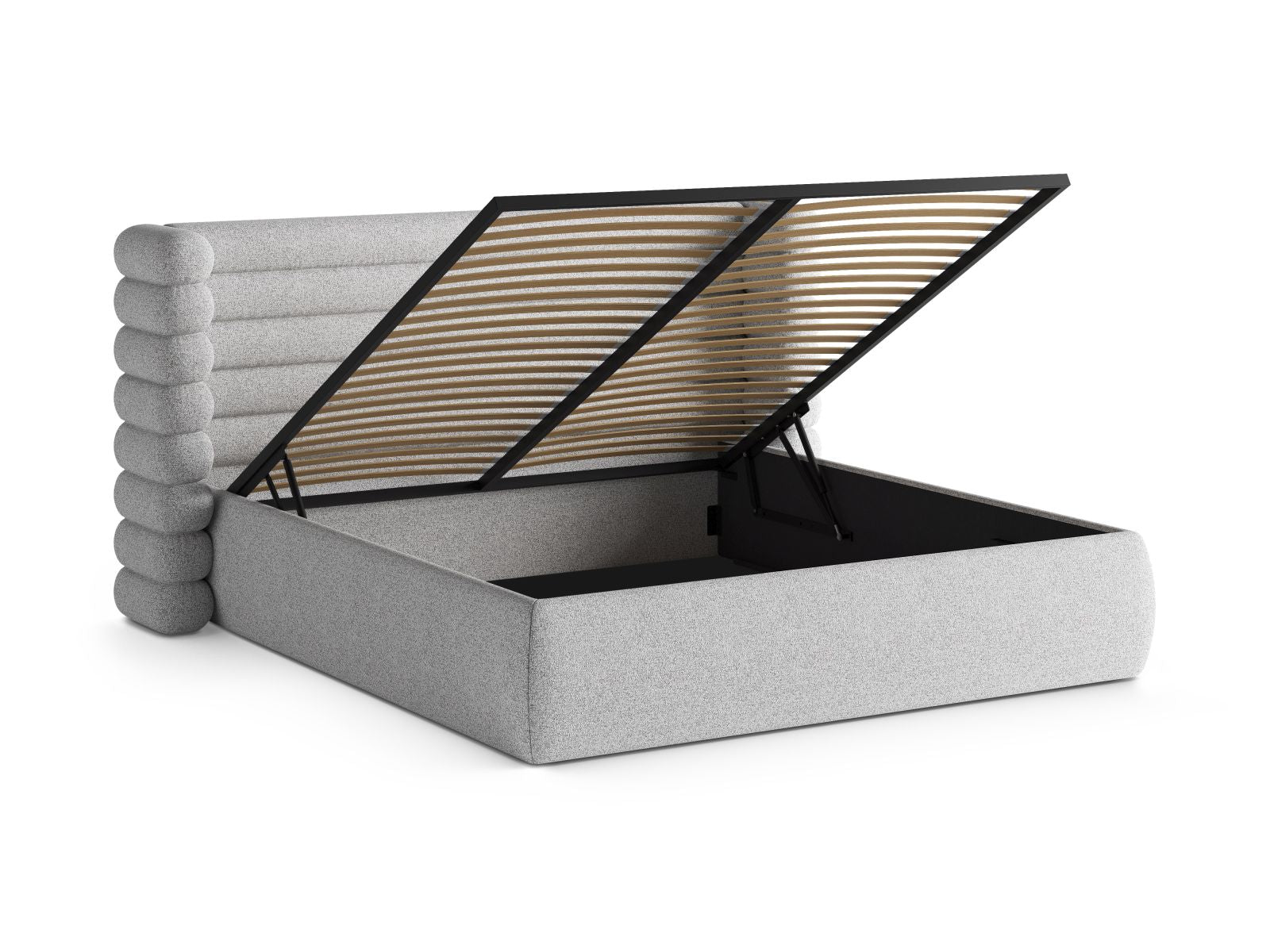 Modernes Mount Bett in elegantem Hellgrau, 140 cm, ausgestattet mit einem funktionalen Kopfteil und cleverem Stauraum für mehr Ordnung.