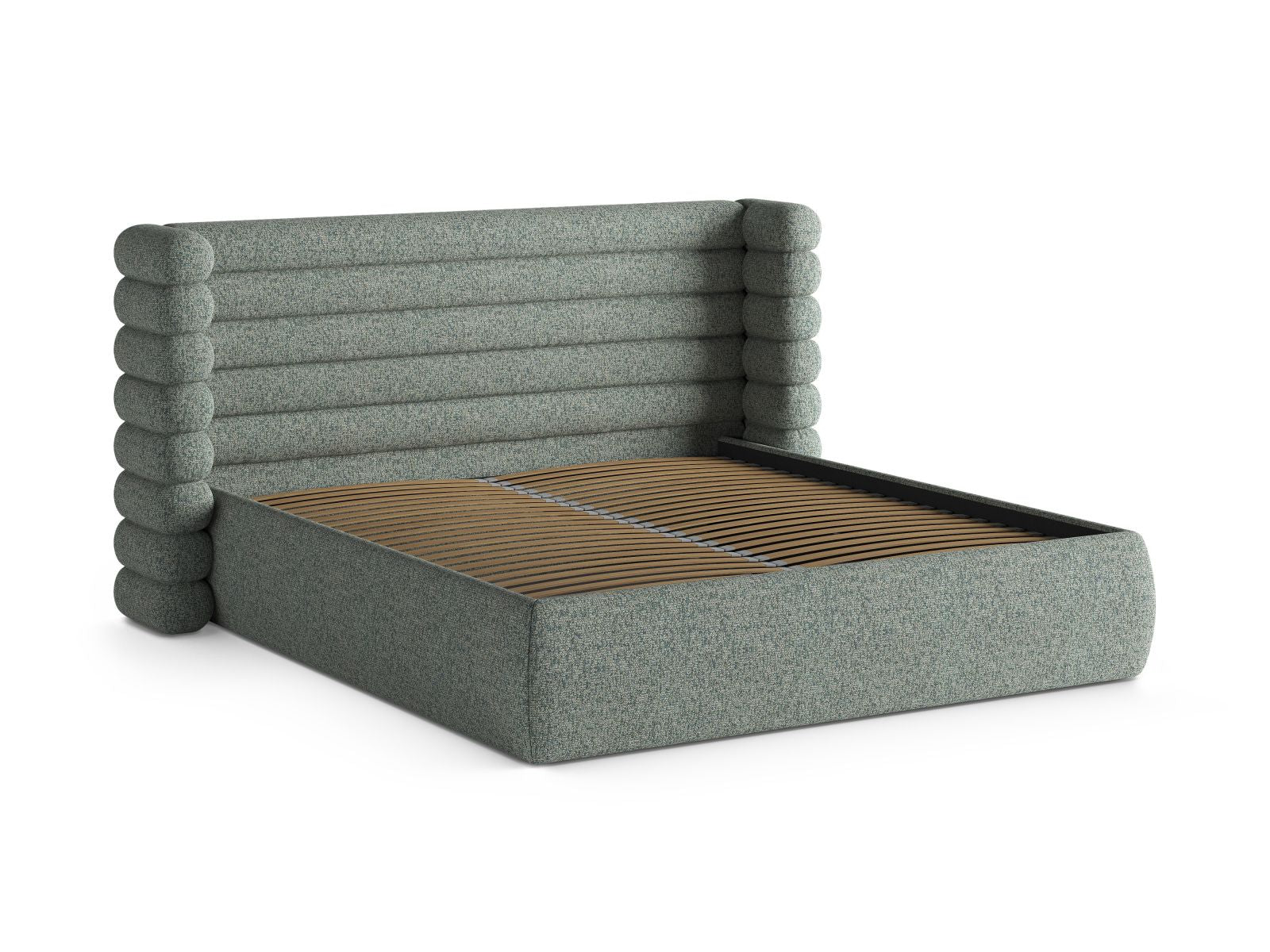 Elegantes Mount Bett in Moss Green Melange mit integriertem Stauraum und ansprechendem Kopfteil, ideal für stilvolle Schlafzimmerlösungen.