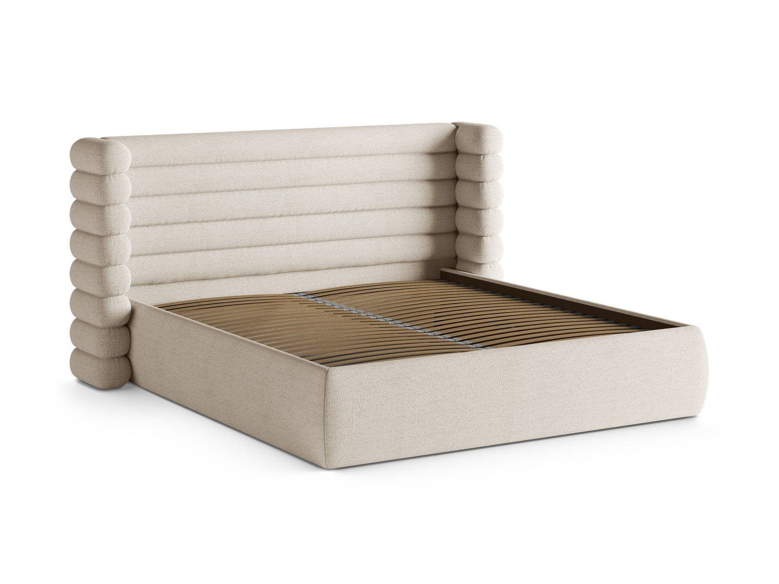 Elegantes Mount Bett in sanftem Light Beige mit praktischem Stauraum und ansprechendem Kopfteil, ideal für moderne Wohnräume.