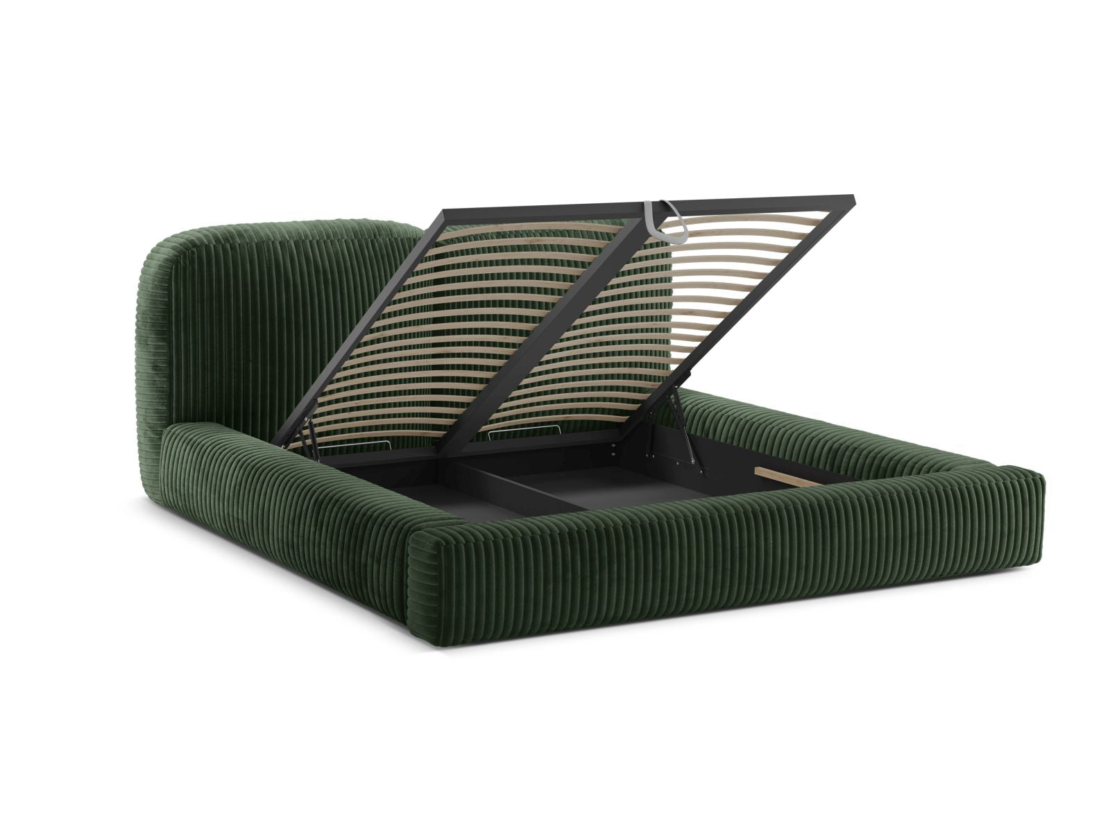 Stylisches Martina Bett in tiefem Grün, ausgestattet mit praktischem Stauraum und einem ansprechenden Kopfteil, perfekt für zeitgemäße Schlafzimmer.