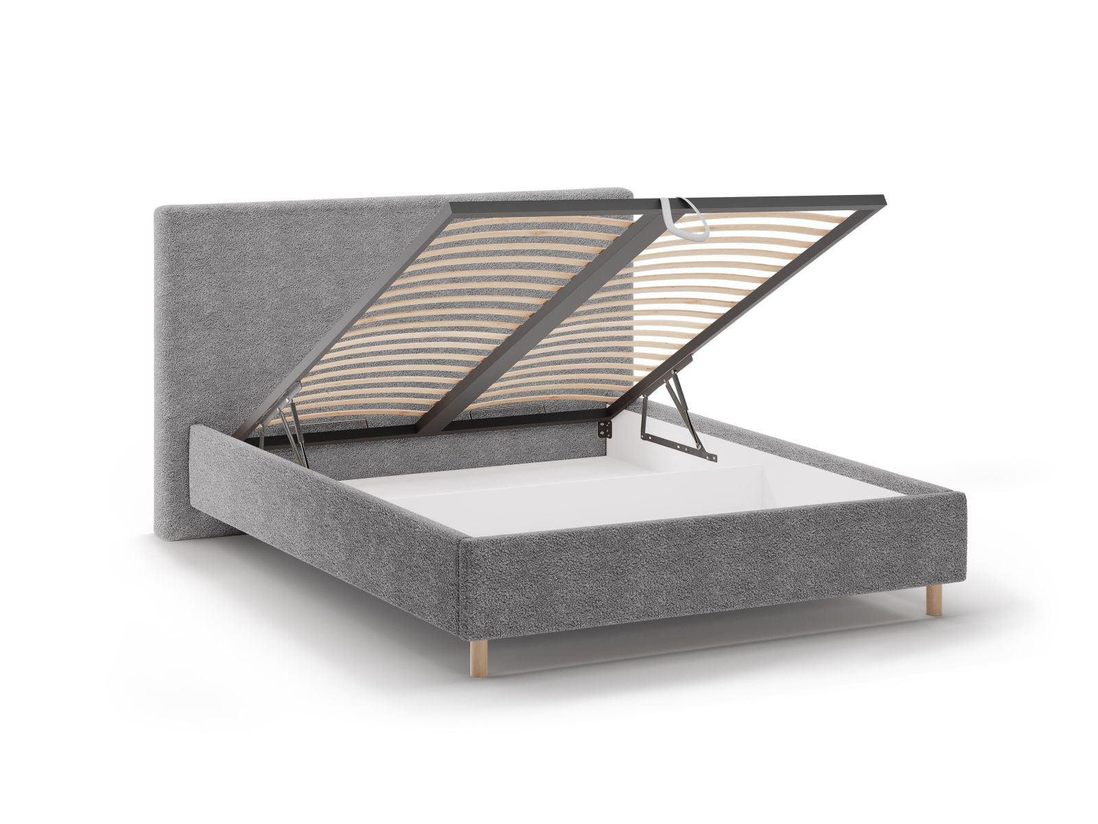 Elegantes Eloise Bett in sanftem Grau mit praktischem Stauraum und geschmackvollem Kopfteil, perfekt für moderne Schlafzimmer.