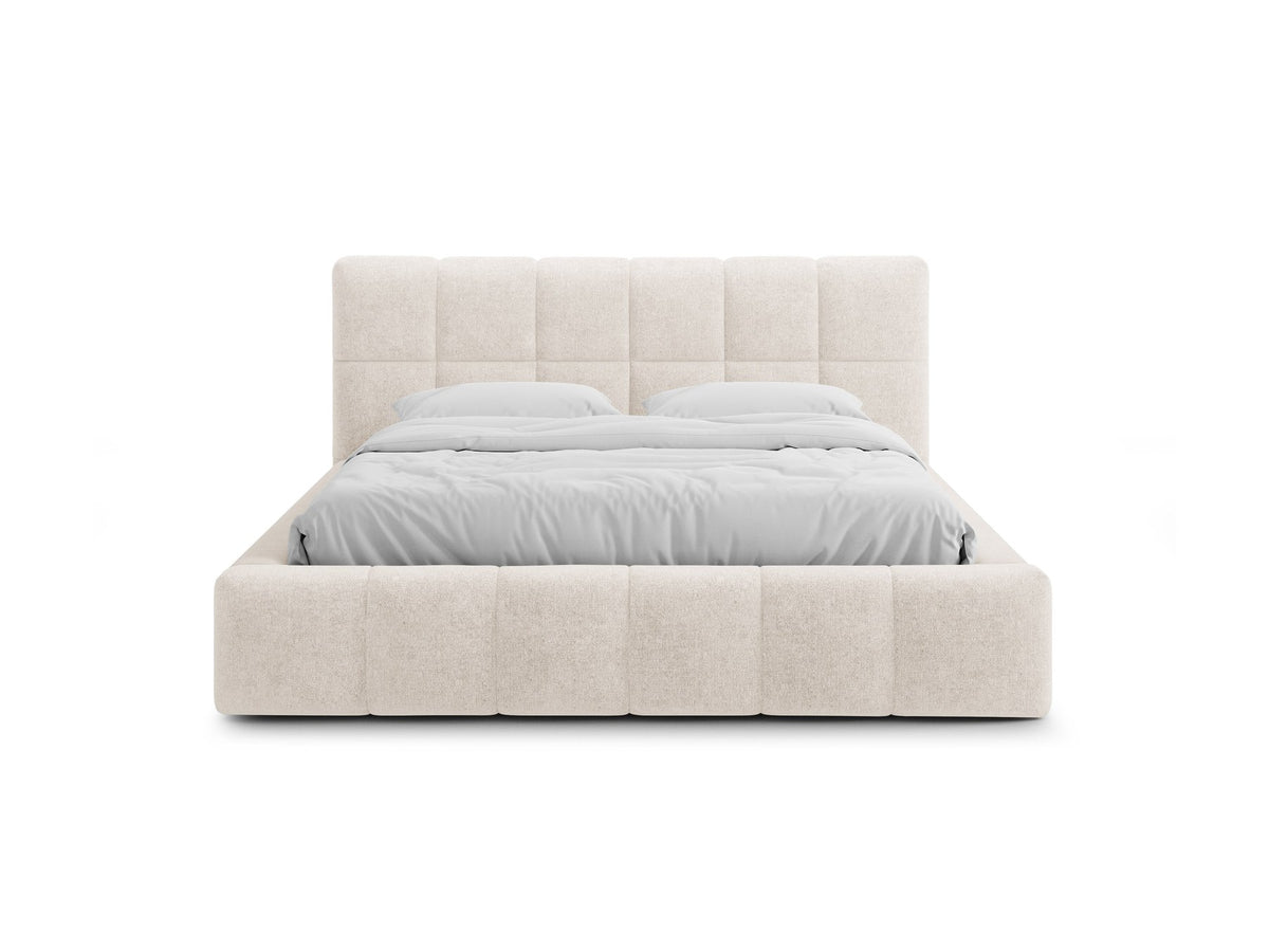 Polsterbett Bellis mit Kopfteil in Leichtes beige, Stoff Eden, Bettkasten mit Frontöffnung und schwarzen Kunststoffbeinen.