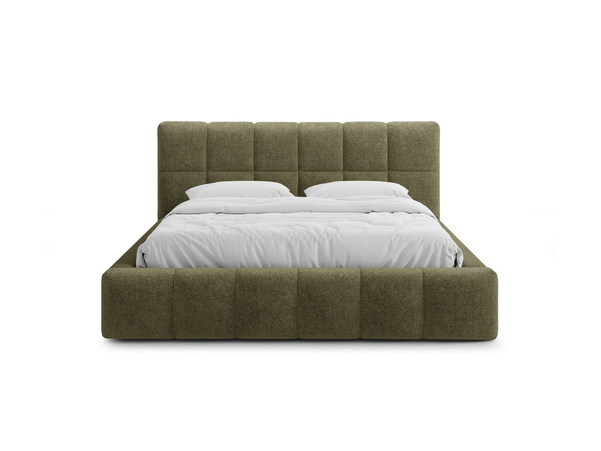 Polsterbett Bellis mit Kopfteil in Leichtes beige, Stoff Eden, Bettkasten mit Frontöffnung und schwarzen Kunststoffbeinen.