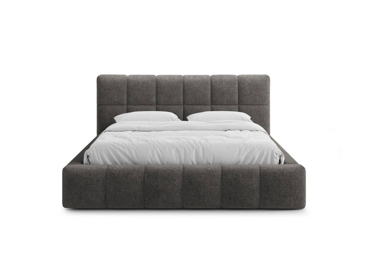 Polsterbett Bellis mit Kopfteil in Leichtes beige, Stoff Eden, Bettkasten mit Frontöffnung und schwarzen Kunststoffbeinen.
