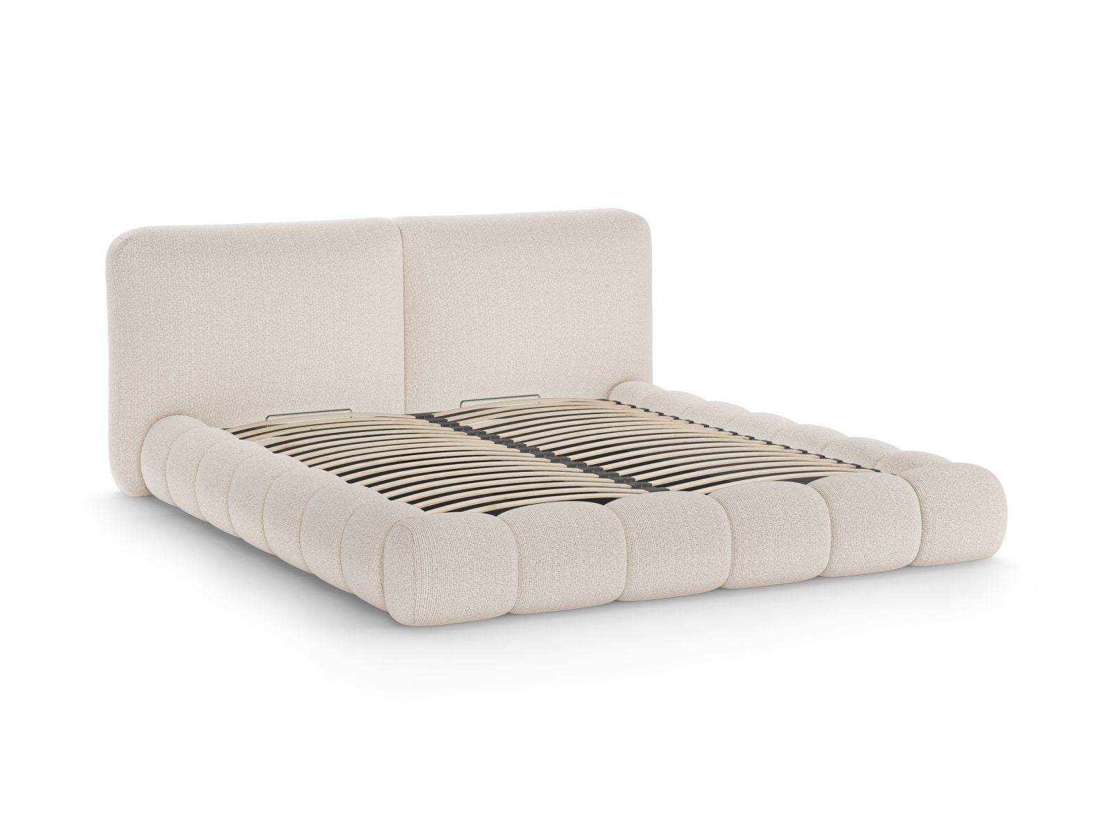 Elegantes Solange Bett in 140 cm Breite, ausgestattet mit praktischem Stauraum und einem stilvollen Kopfteil in zartem Beige, ideal für moderne Schlafzimmer.