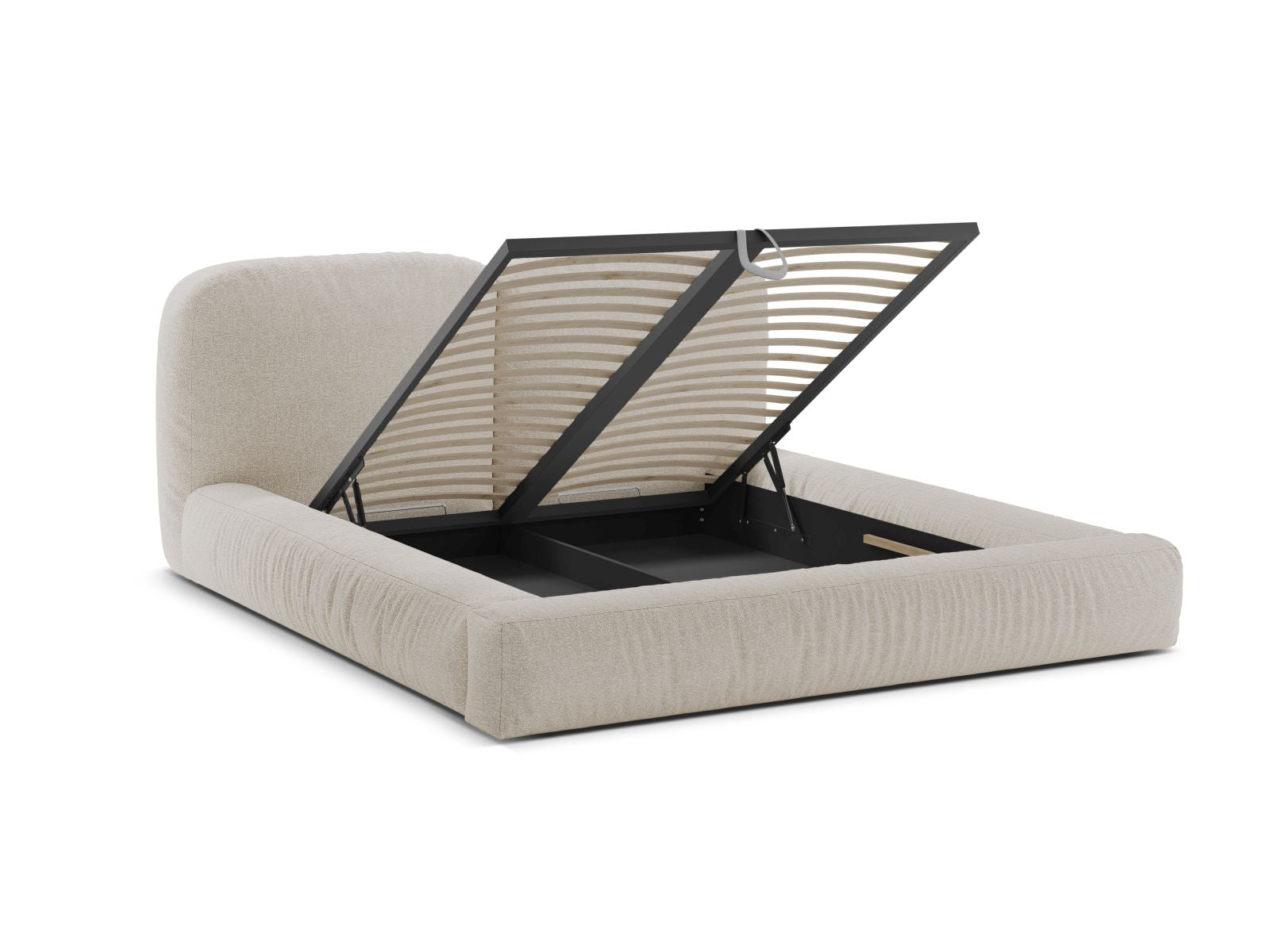 Stylisches Martina Bett in 140 cm Breite, bietet cleveren Stauraum und ein geschmackvolles Kopfteil in Beige, perfekt für zeitgemäße Schlafzimmer.