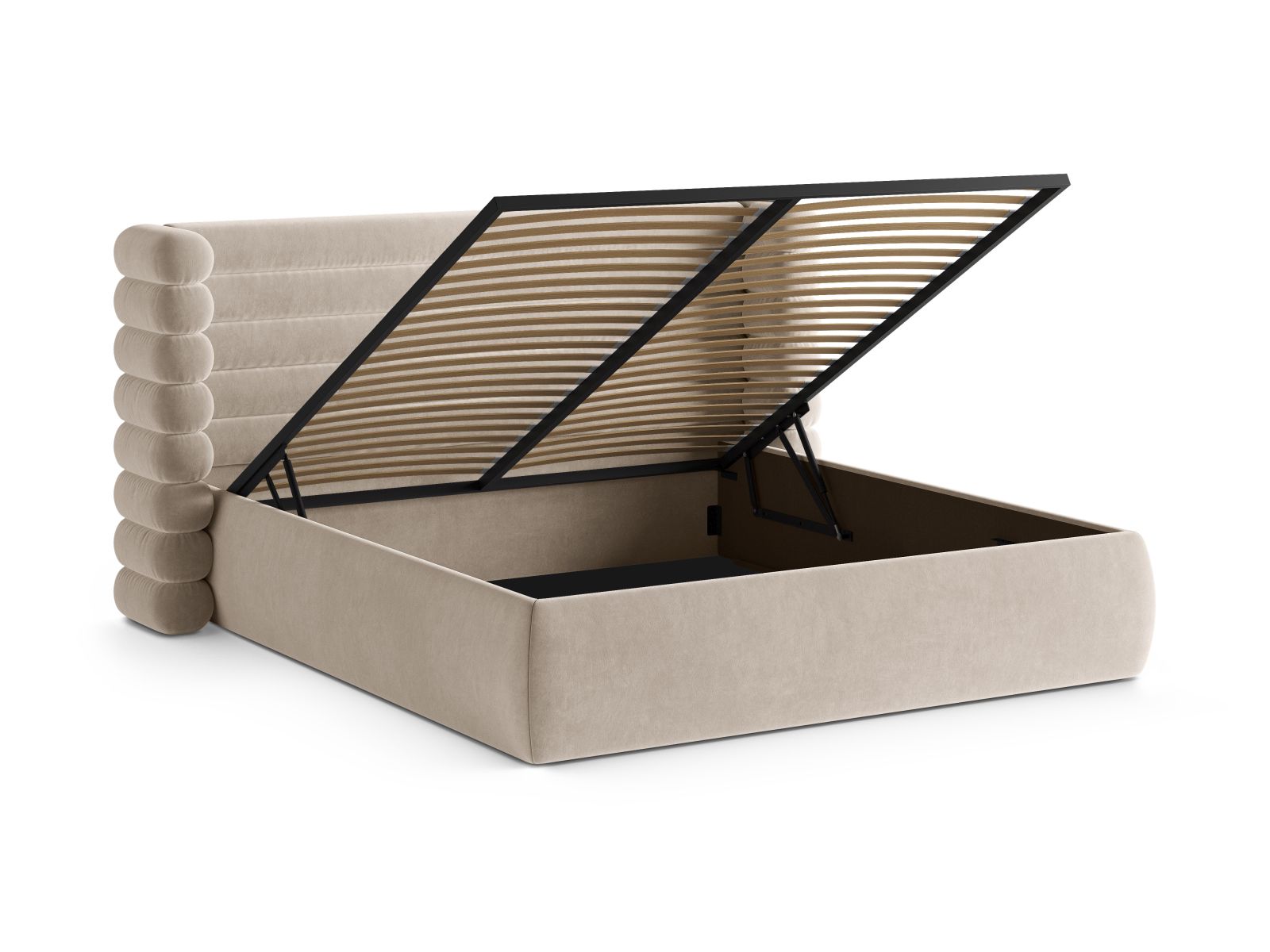 Elegantes Mount Bett von Micadoni in Beige, ausgestattet mit praktischem Stauraum und einem ansprechenden Kopfteil für zeitgemäße Schlafzimmer.
