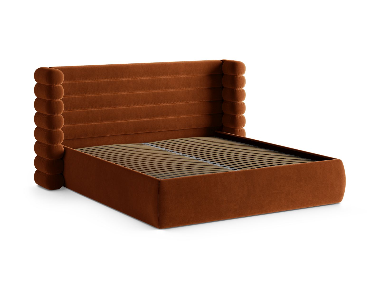 Stylisches Mount Bett in warmem Terracotta, ausgestattet mit praktischem Stauraum und einem ansprechenden Kopfteil für ein gemütliches Schlafzimmer.
